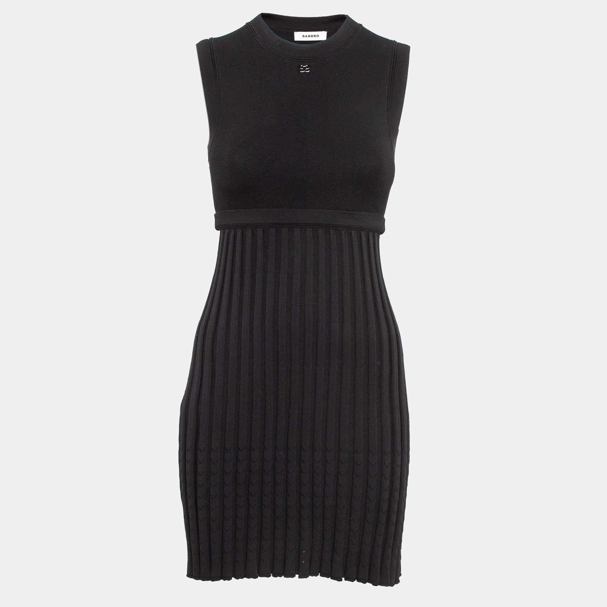 Pre Owned Sandro Black Stretch Knit Pleated Mini Dress XS
