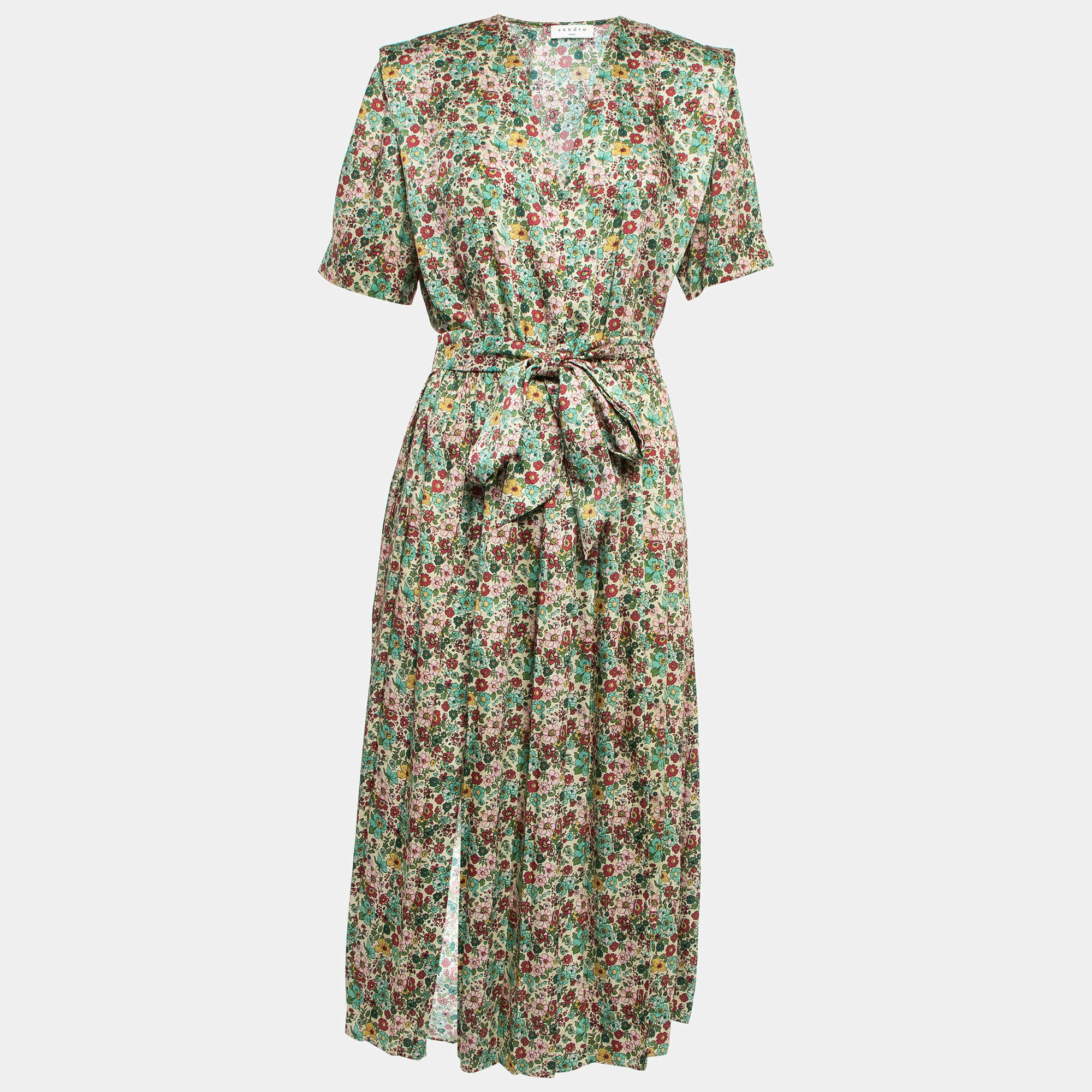 Pre Owned Sandro Multicolor Floral Print Crepe Fiona Midi Dress L