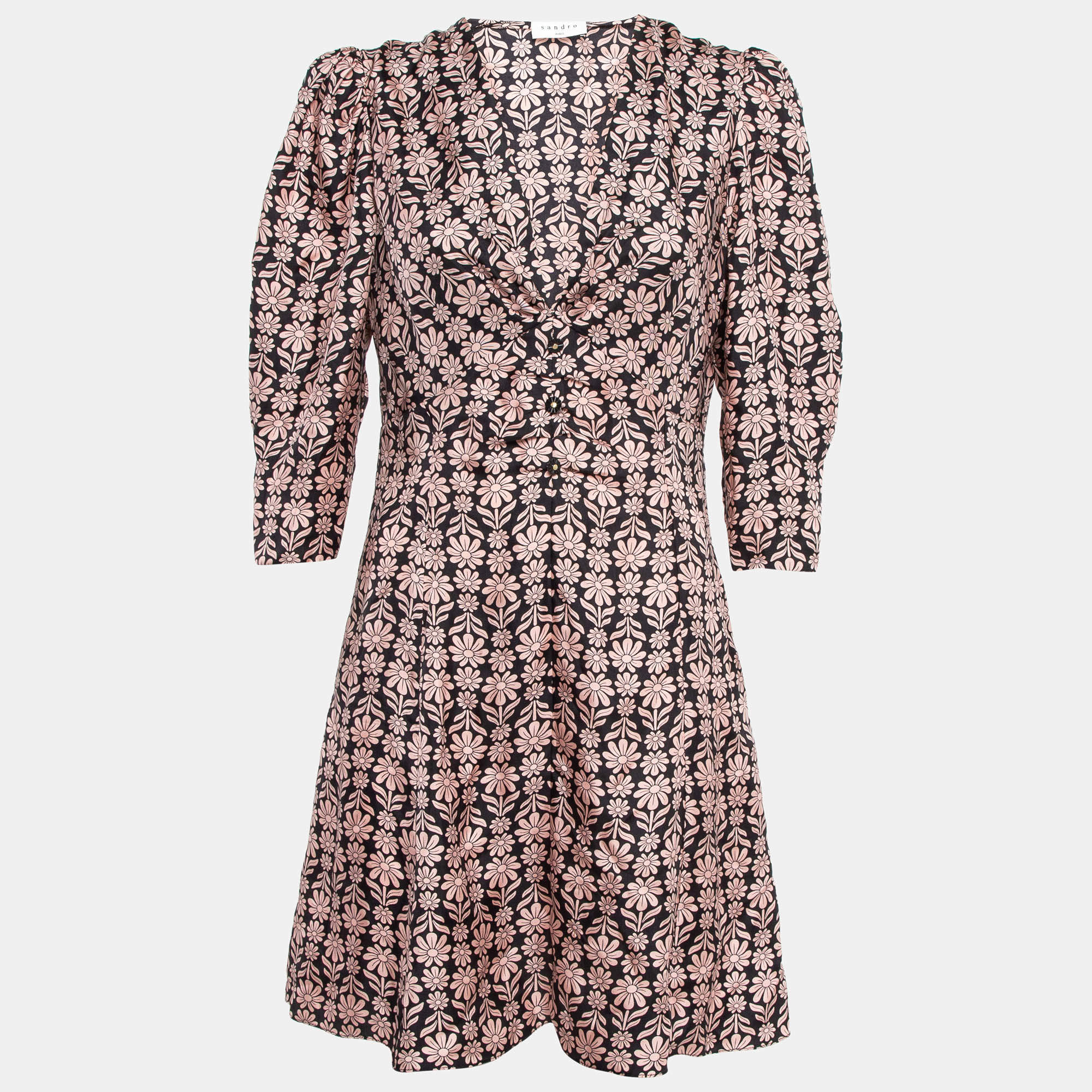 Pre Owned Sandro Pink/Black Floral Patterned Silk Mini Dress L