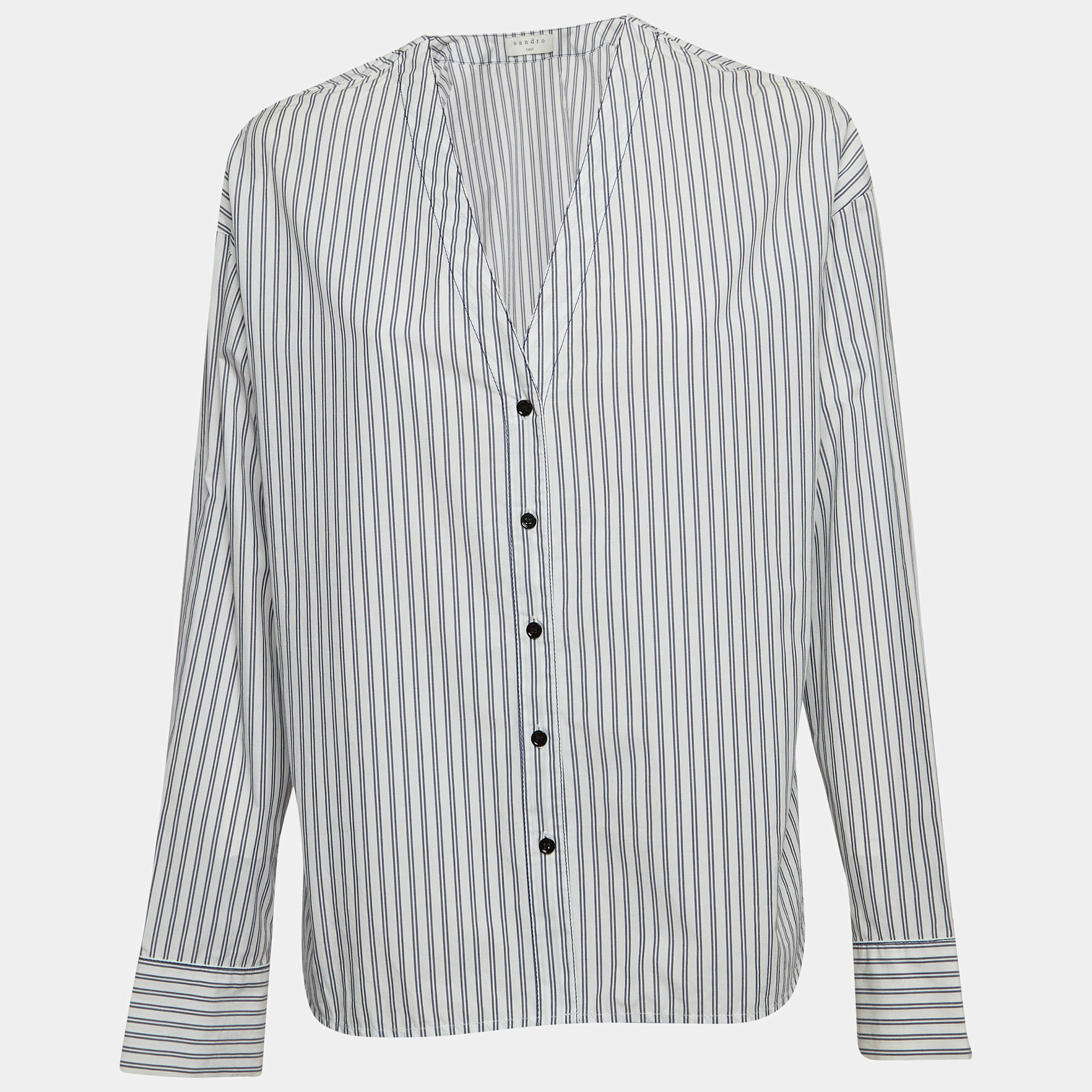 Pre Owned Sandro White Pinstripe V-Neck Top L