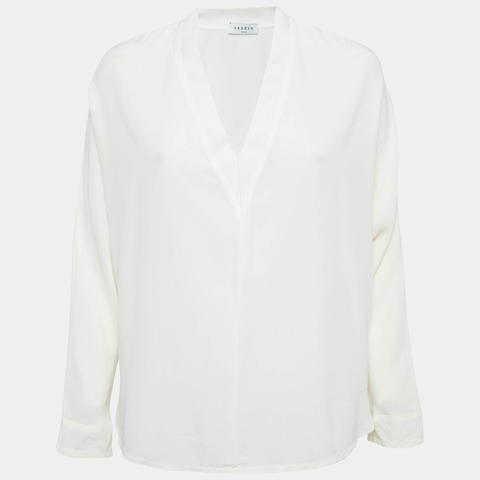Pre Owned Sandro Off White Silk Rib Trim V-Neck Blouse L