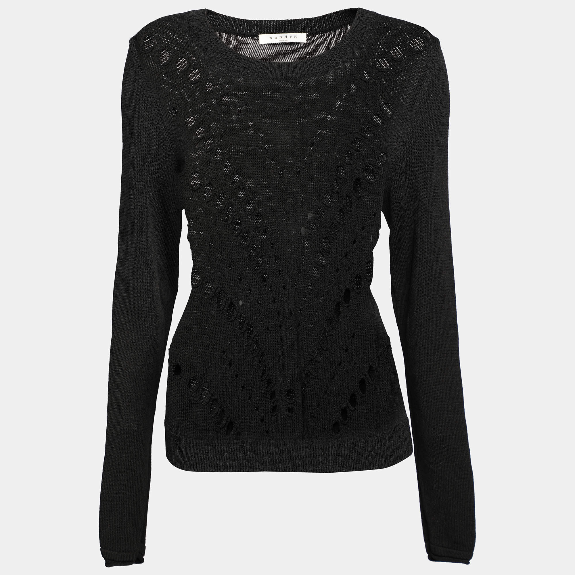 Sandro Black Perforated Knit Long Sleeve Jumper L