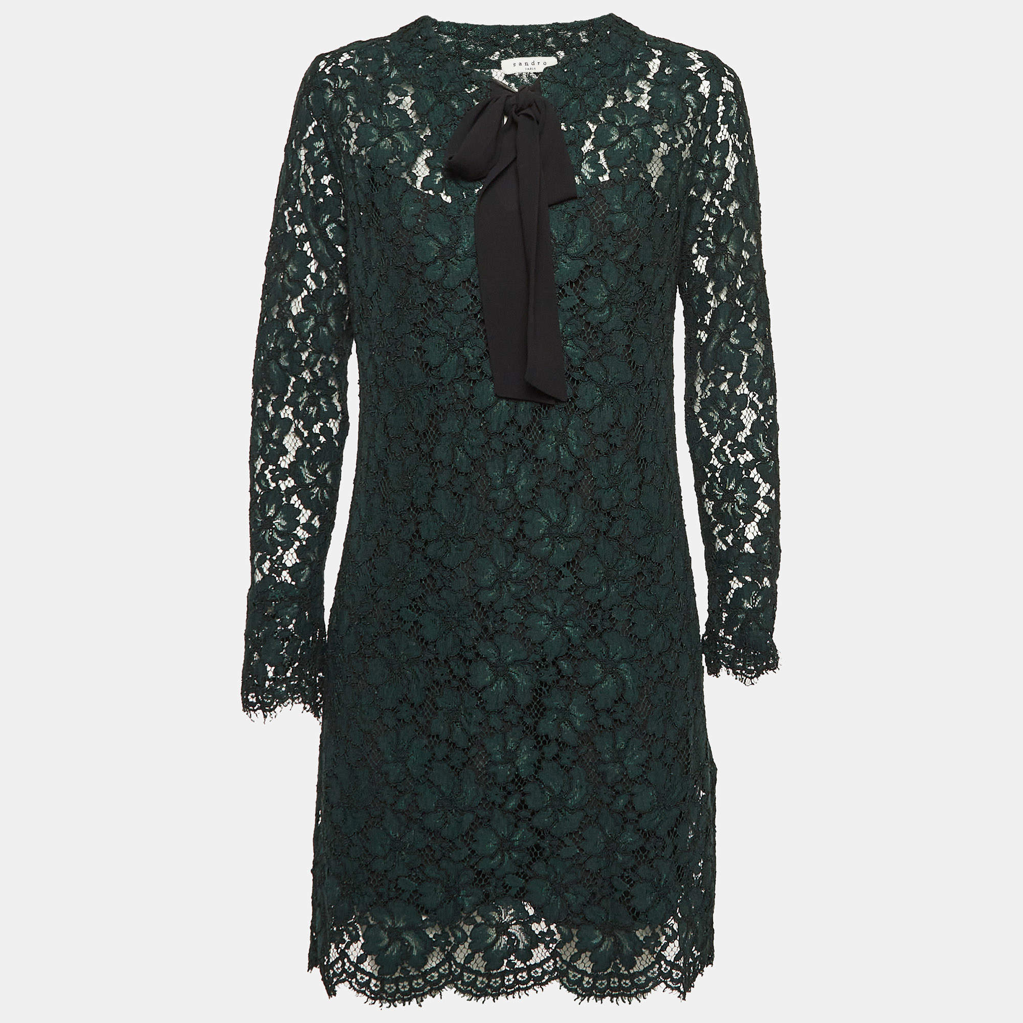 Pre Owned Sandro Green Guipure Lace Tie-Up Neck Mini Dress L