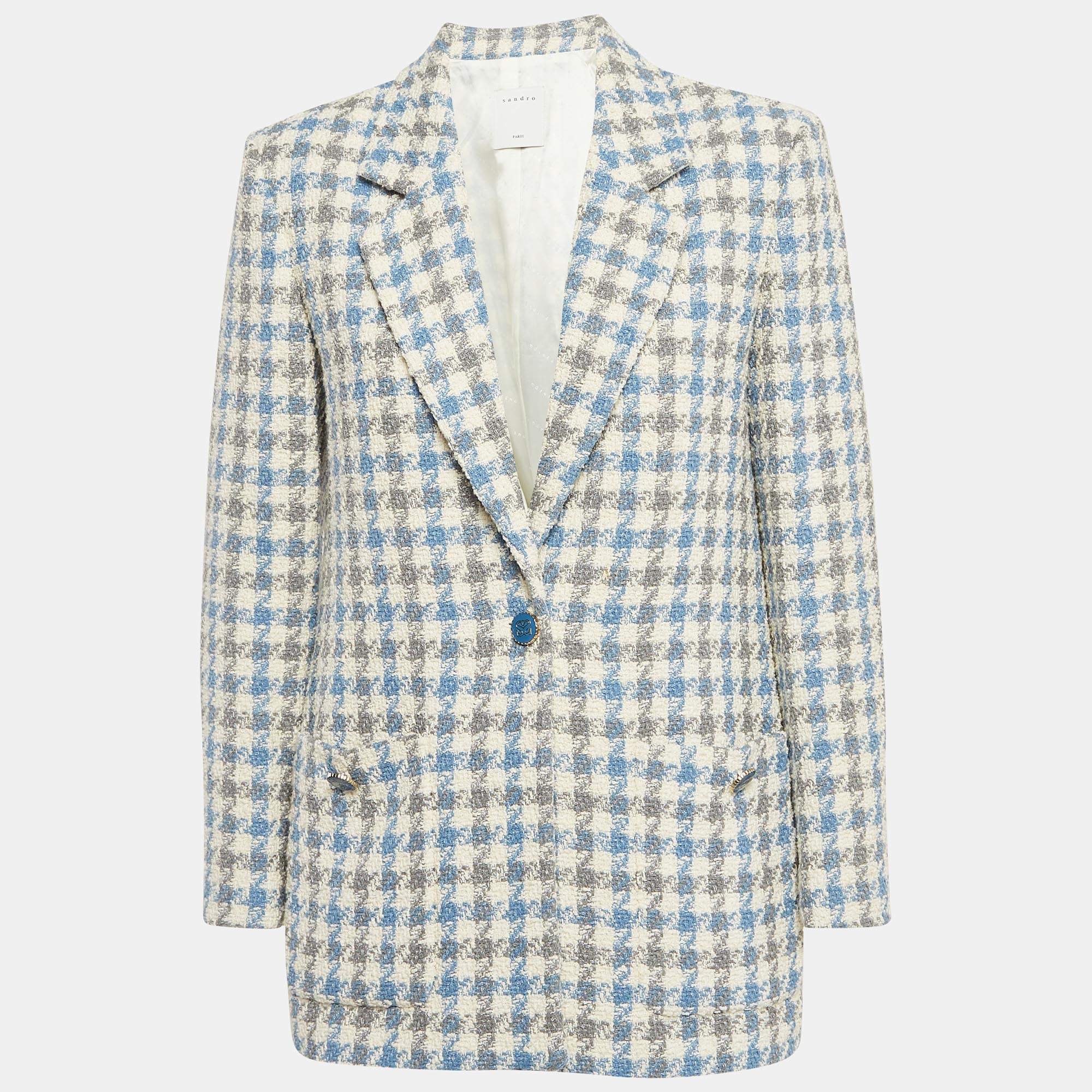 Pre Owned Sandro Blue Houndstooth Tweed Oversized Blazer S