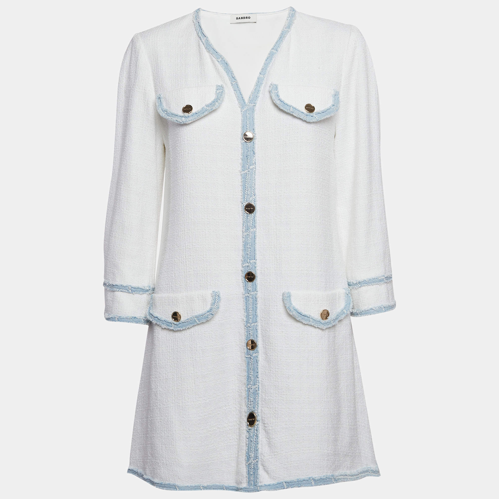 Sandro White Tweed V-Neck Short Dress M