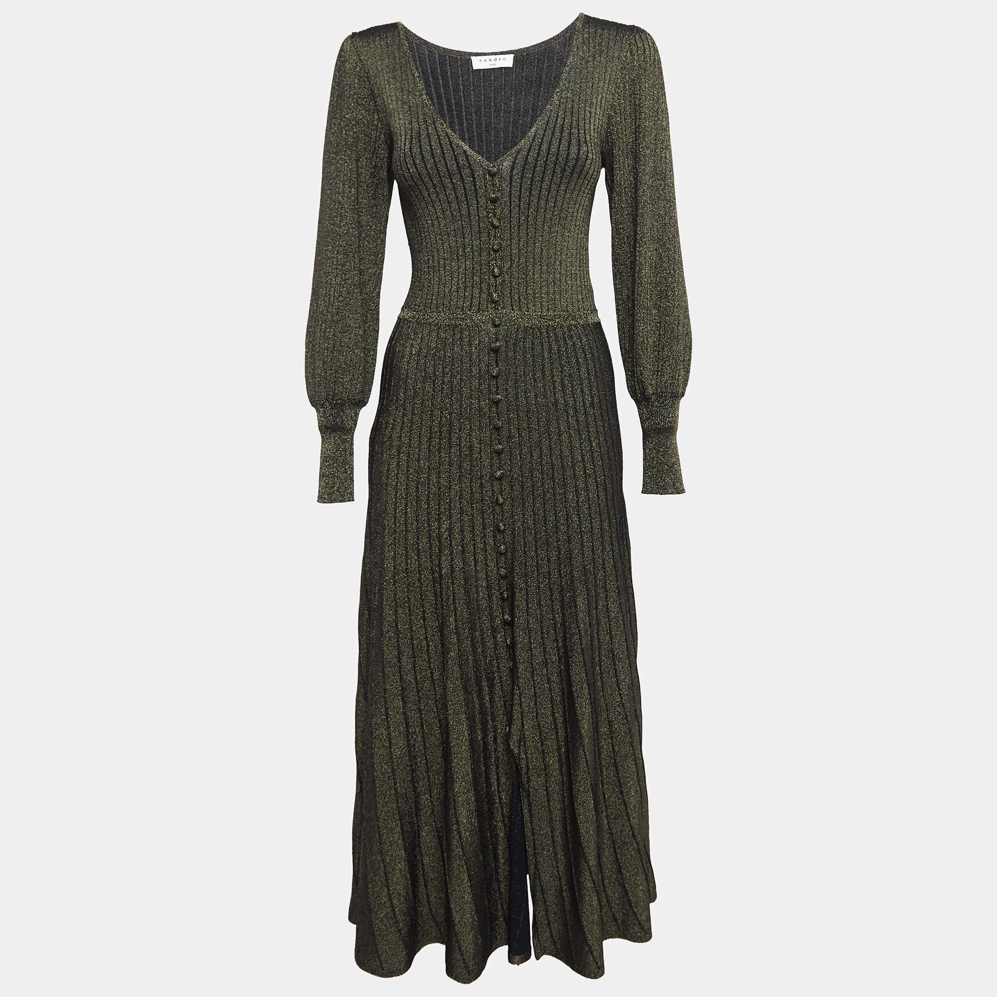 Pre Owned Sandro Metallic Lurex Knit V-Neck Midi Dress M