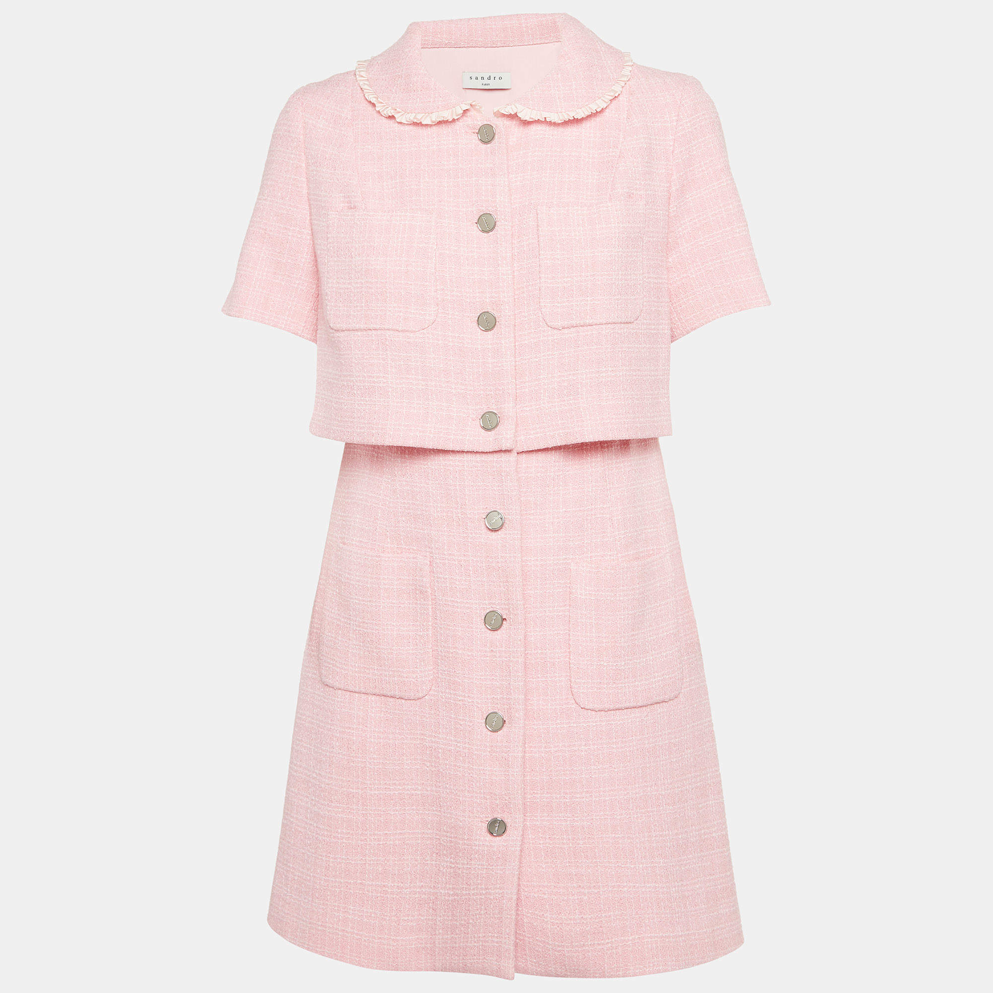 Sandro Pink Tweed Button Front Mini Dress S