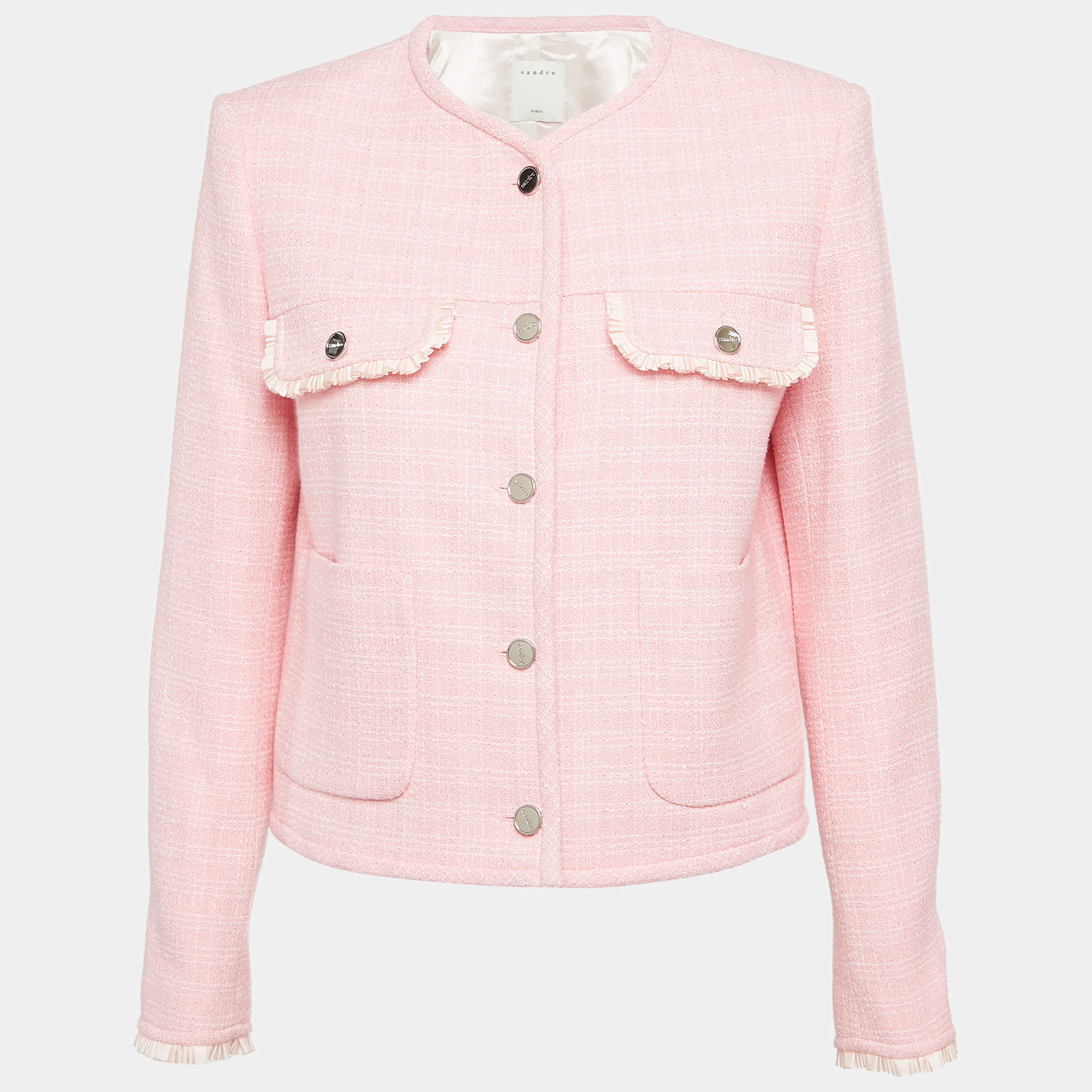 Sandro Pink Tweed Button Front Ruffled Jacket XS