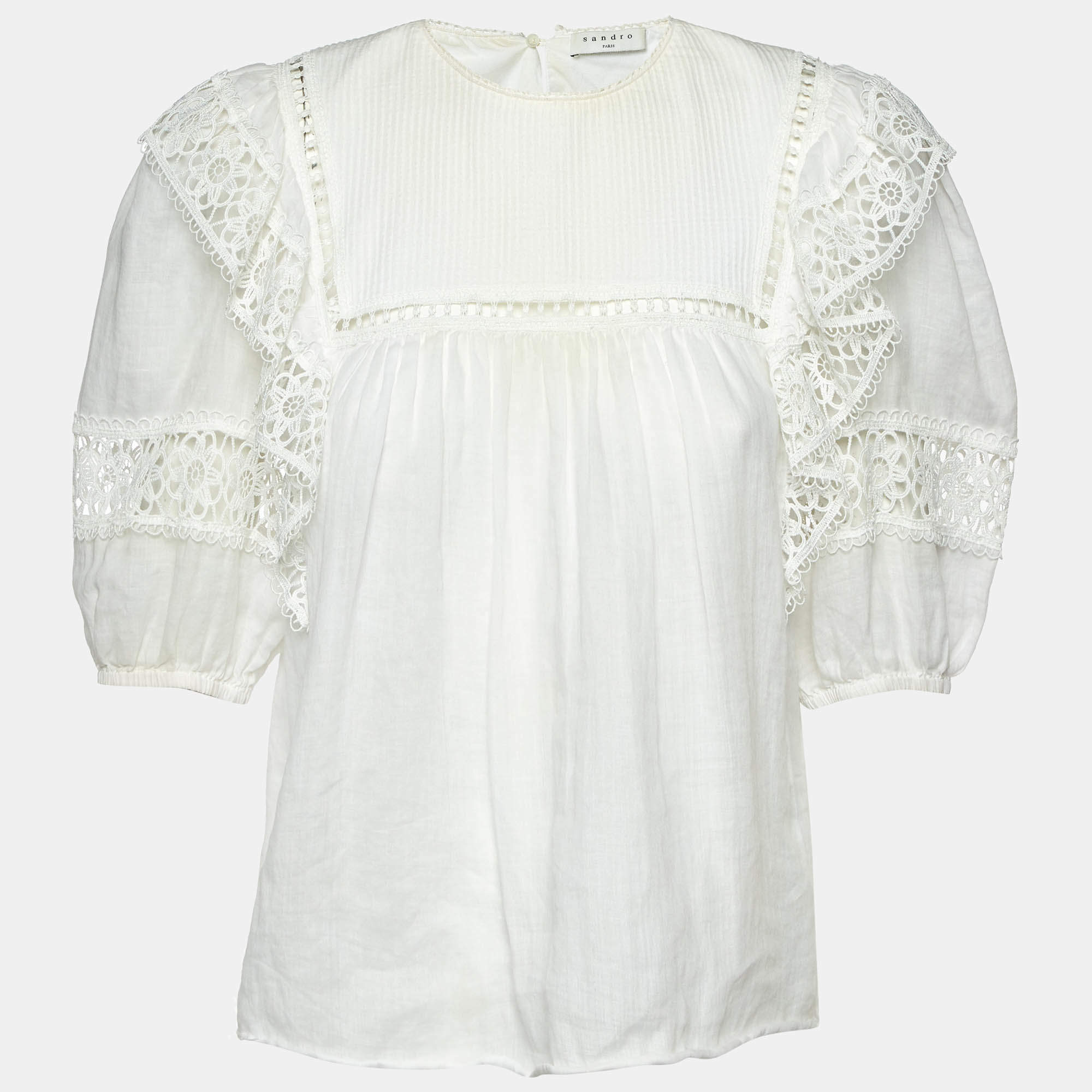 Pre Owned Sandro White Ramie Lace Trim Ruffled Top L