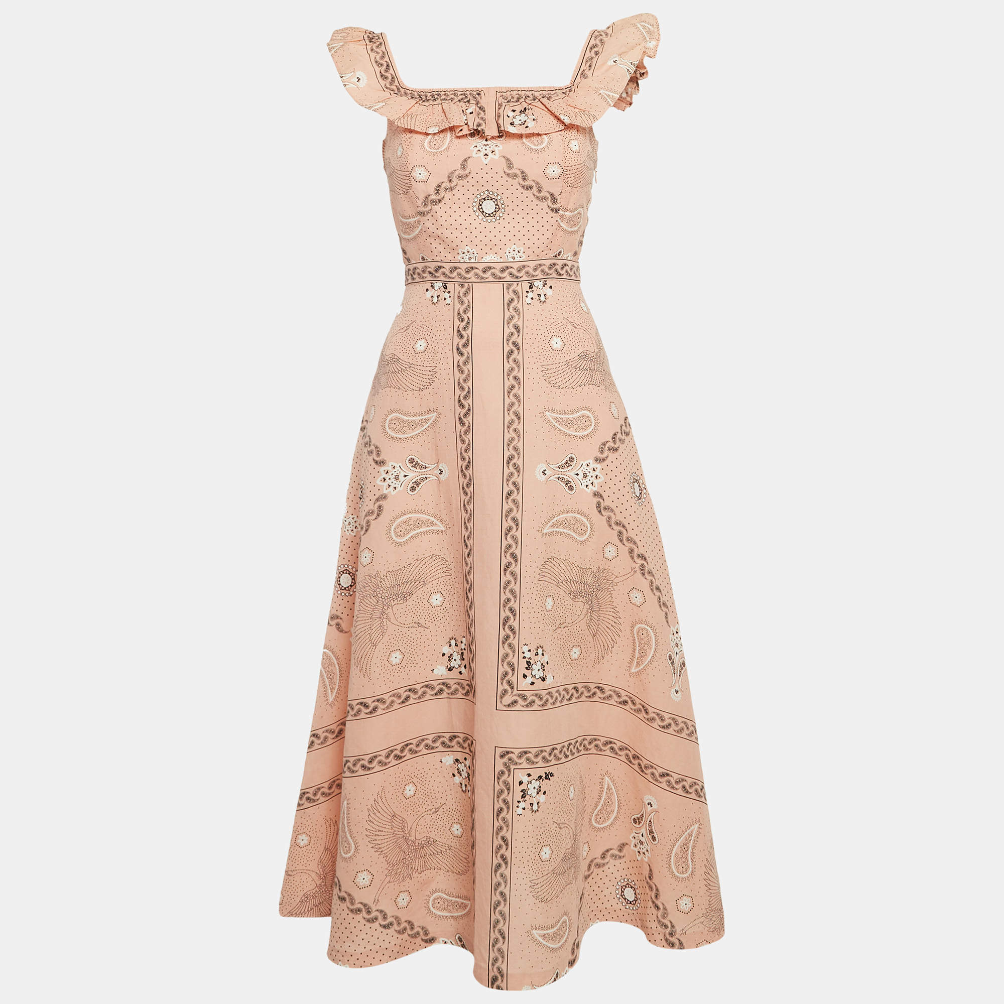 Pre Owned Sandro Peach Pink Bandana Print Linen Blend Coquette Gale Dress XS