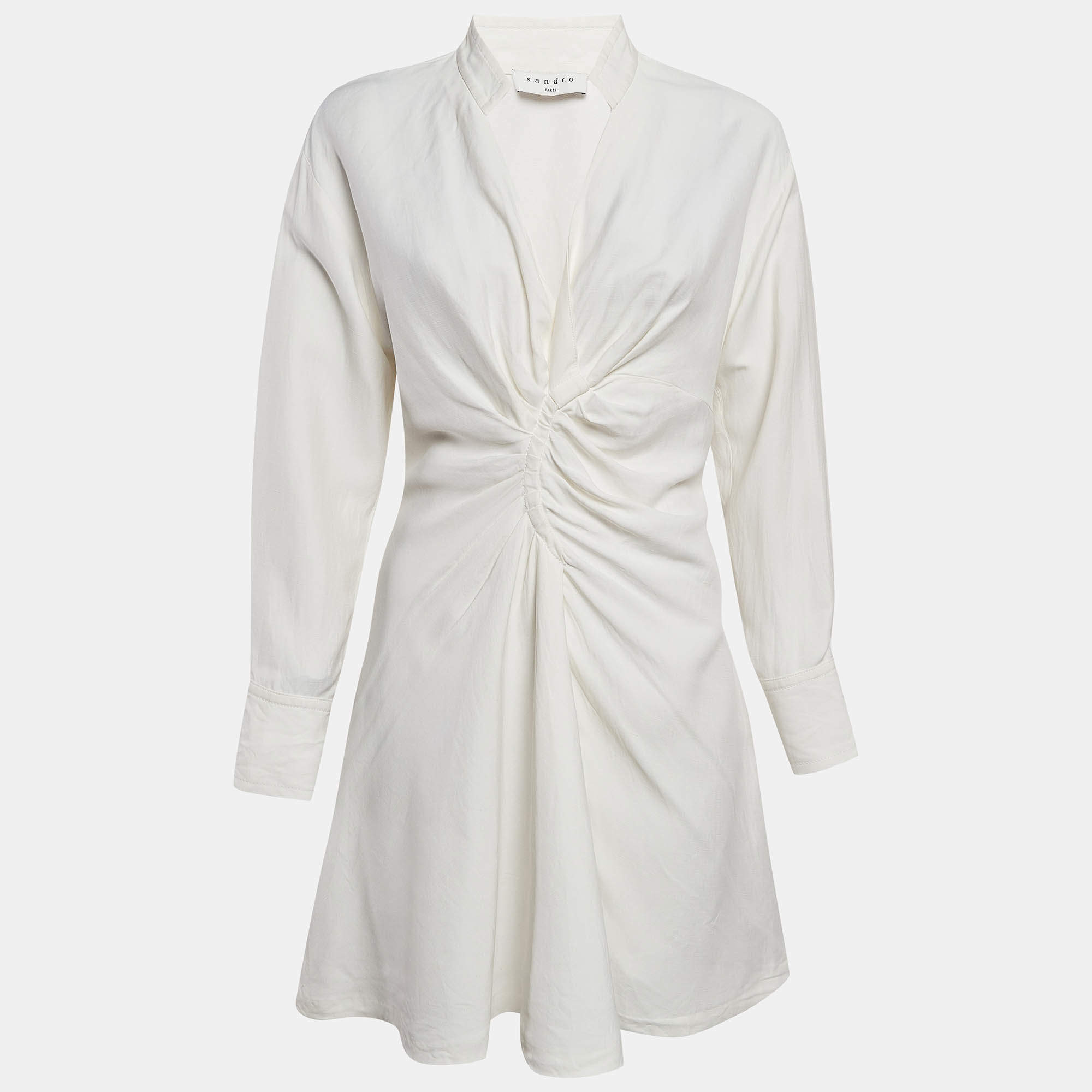 Pre Owned Sandro White Gabardine Celia Ruched Shirt Dress S