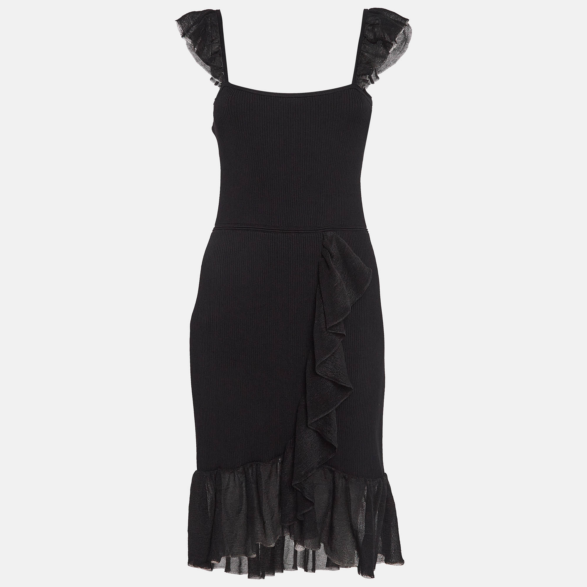 Pre Owned Sandro Black Rib Knit Ruffled Short Dress M