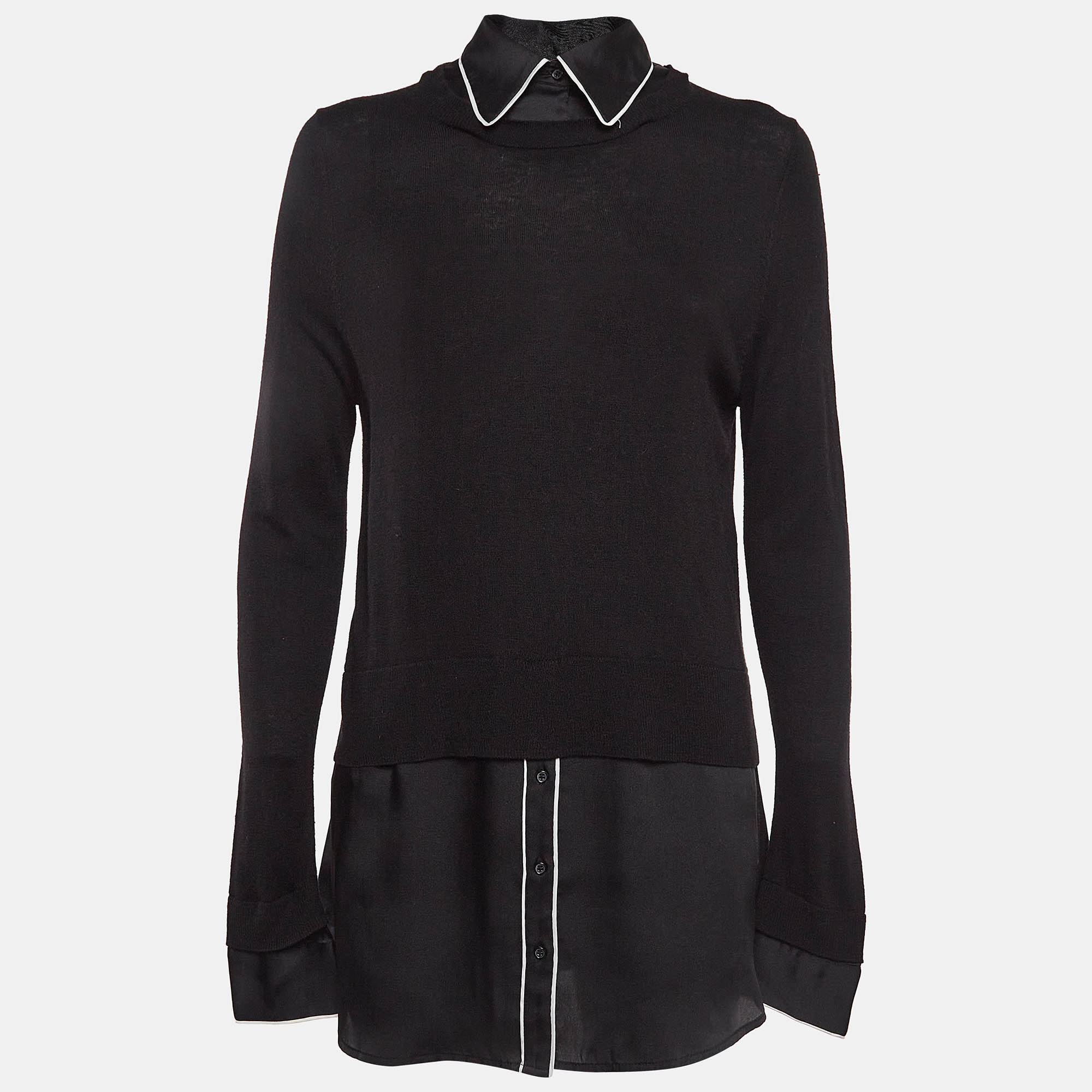 Pre Owned Sandro Black Knit and Satin Detachable Collar Top M
