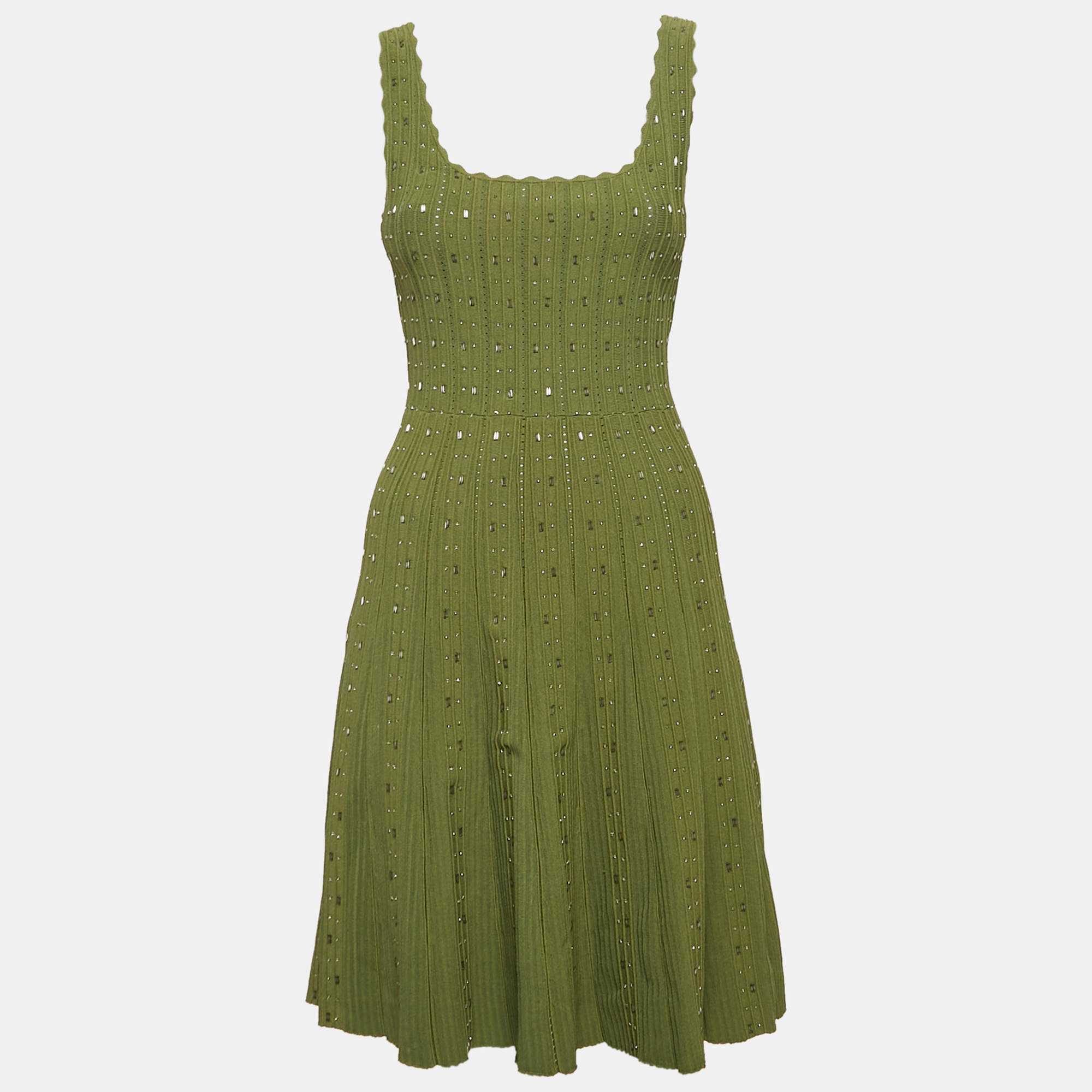 Pre Owned Sandro Green Beads Embroidered Knit Sleeveless Flared Mini Dress XS 