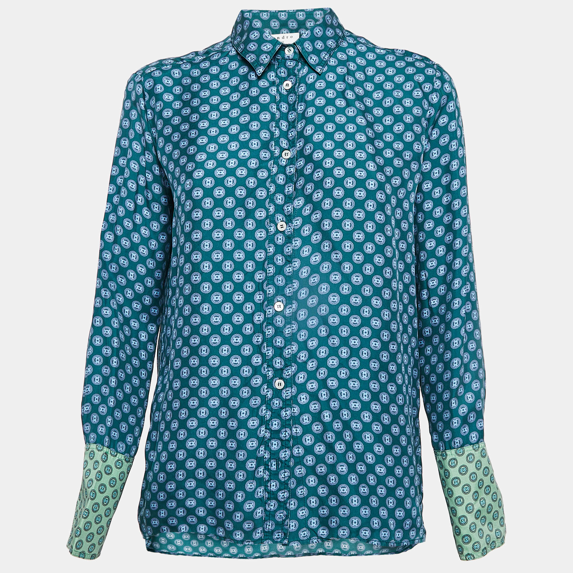 Sandro Green Printed Crepe Button Front Shirt S