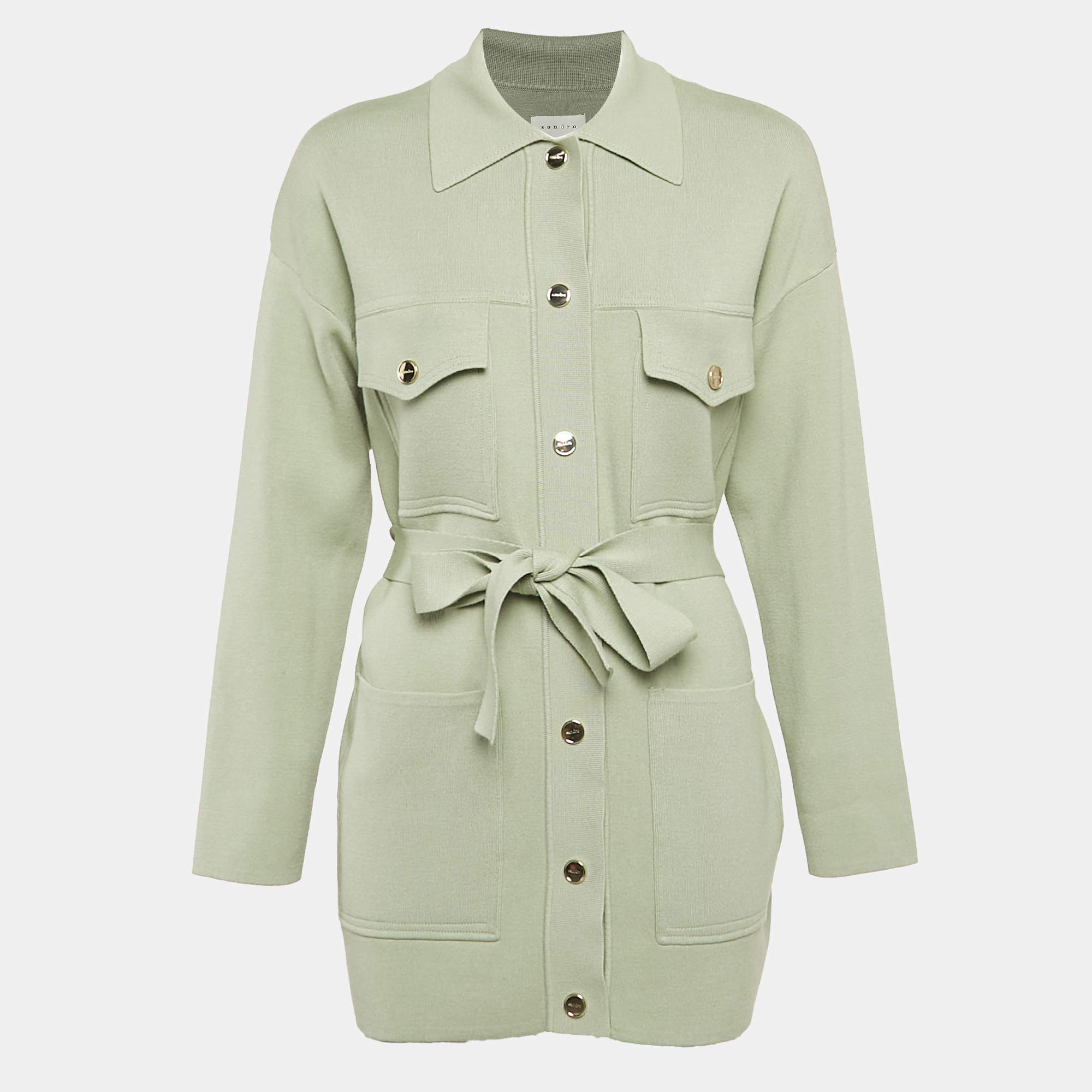 Sandro Sage Green Stretch Knit Belted Button Front Jacket S