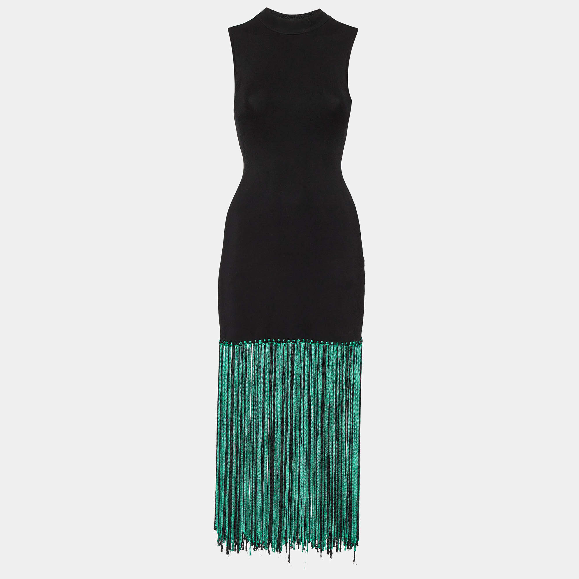 Pre Owned Sandro Black Jersey Fringed Sleeveless Midi Dress XS