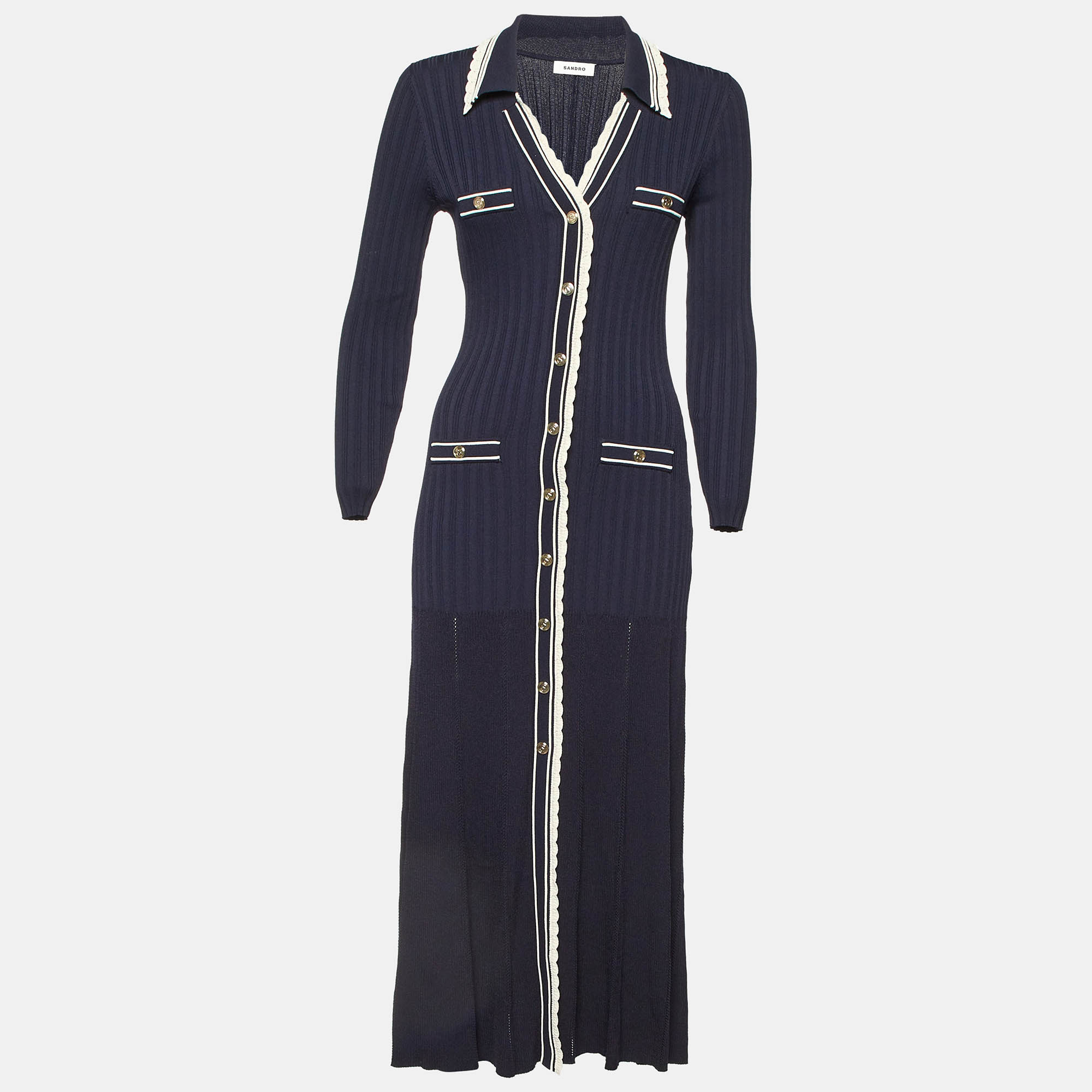 Pre Owned Sandro Navy Blue Rib Knit Crochet Lace Trimmed Midi Dress M