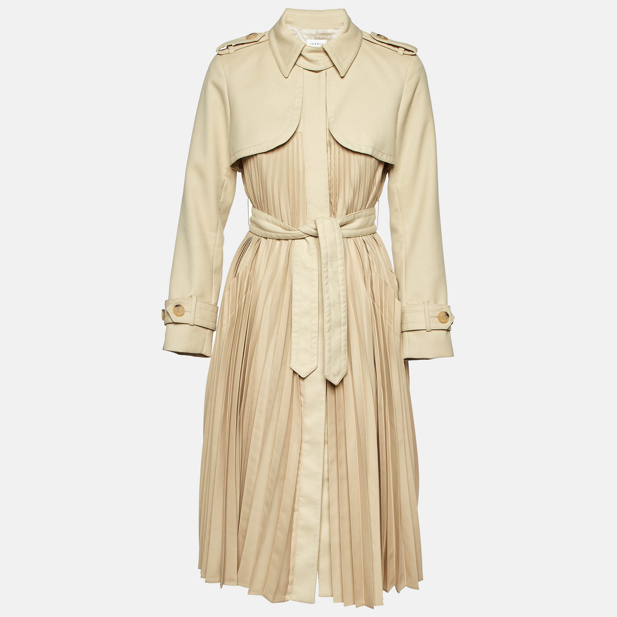 Pre Owned Sandro Beige Gabardine Pleated Trench Coat S