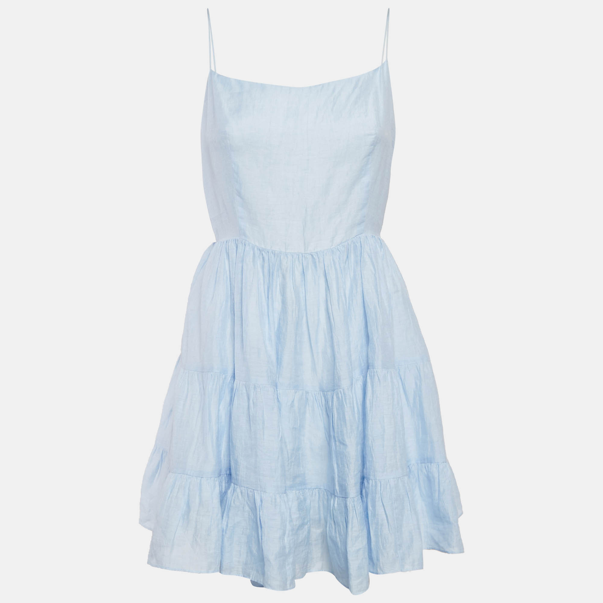 Pre Owned Sandro Blue Linen Blend Tiered Mini Dress L