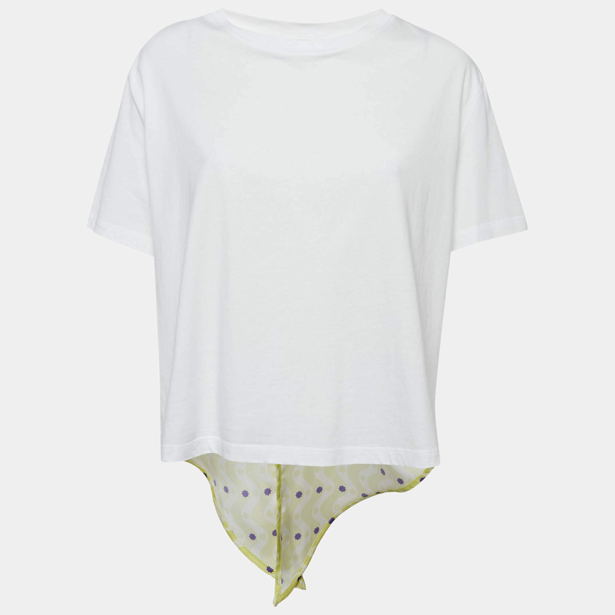 Pre Owned Sandro x Louis Barthelemy White/Yellow Printed Cotton Knit and Satin Dimi Top M
