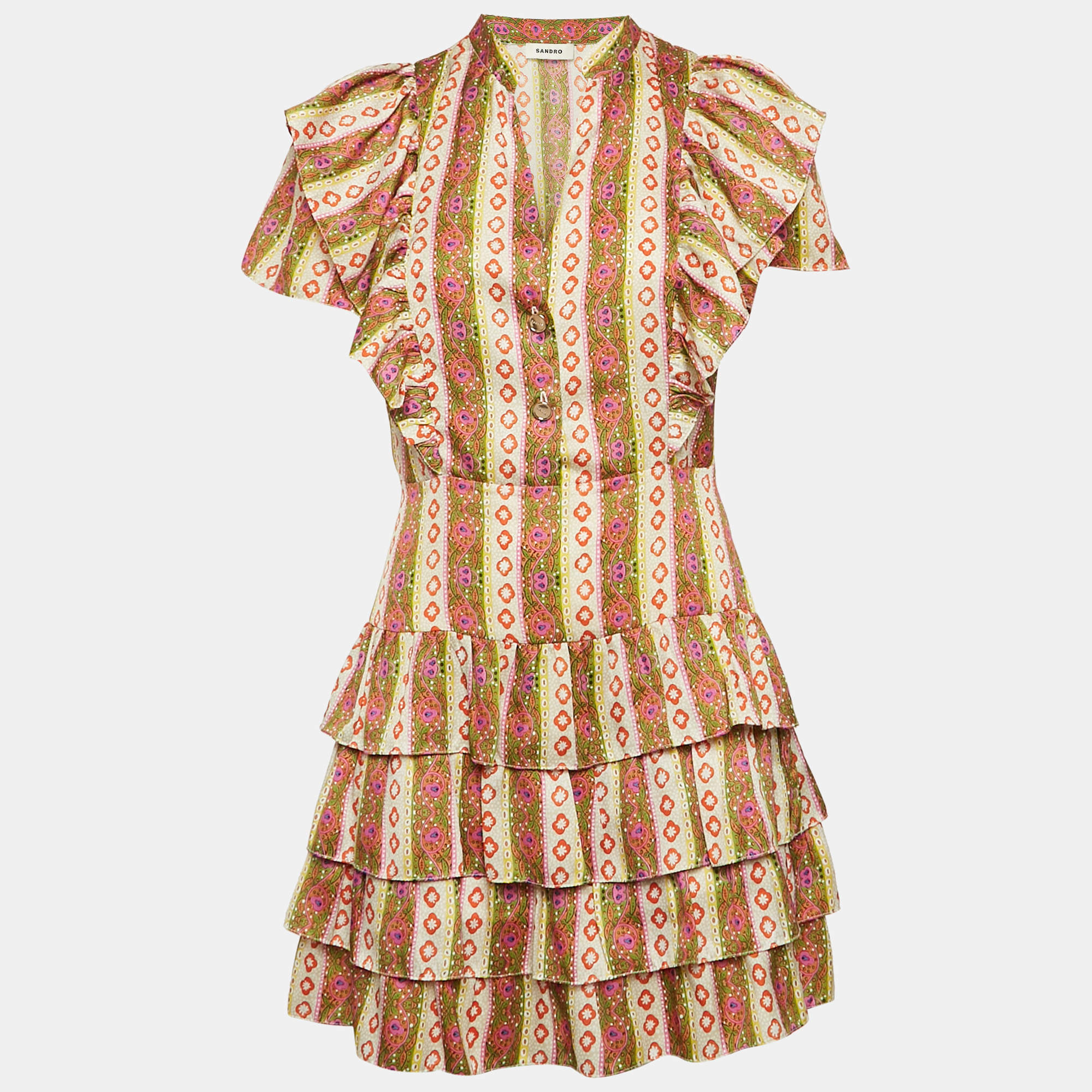 Sandro Multicolor Crepe Ruffled Mini Dress M