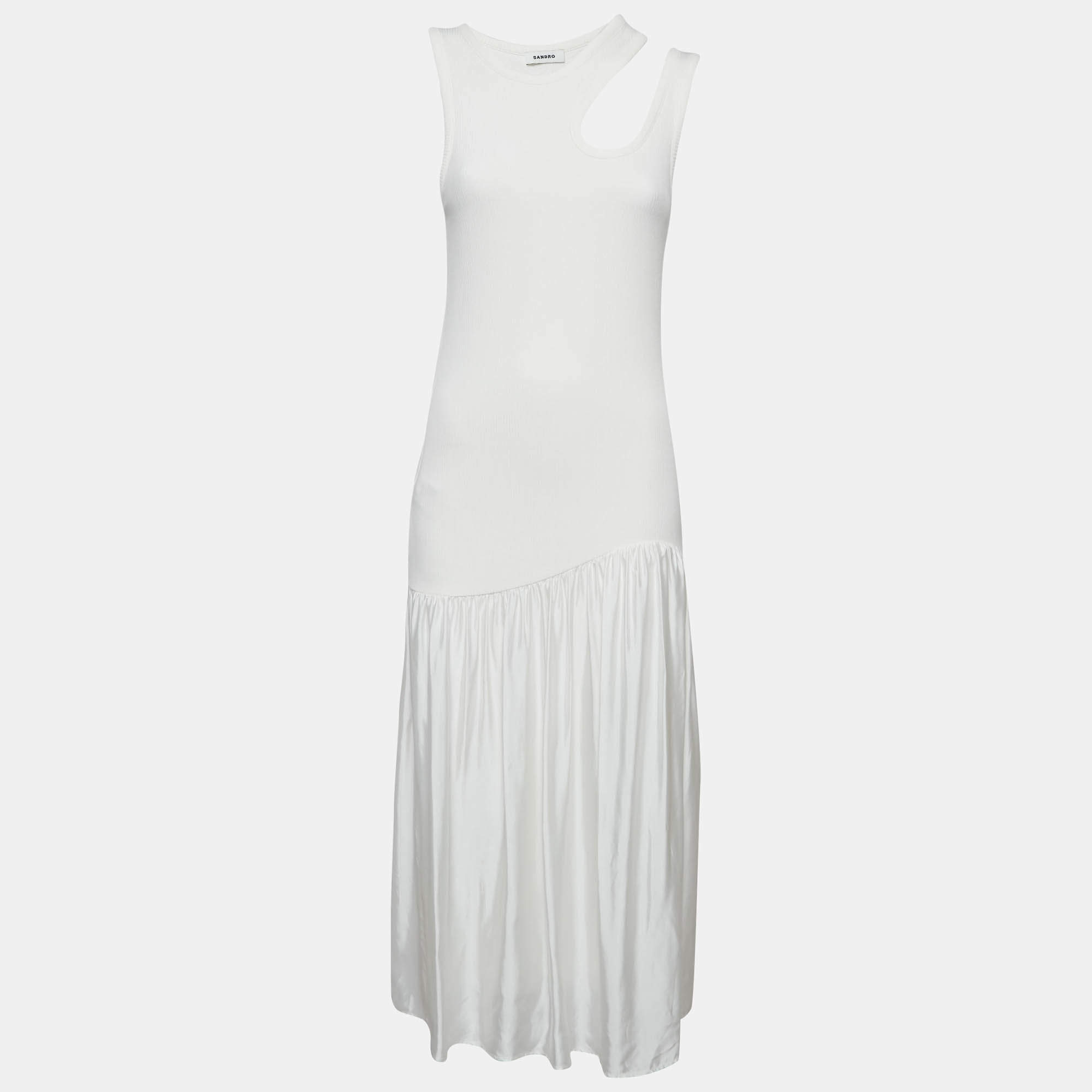Pre Owned Sandro White Cotton Rib Knit and Satin Midi Dress M