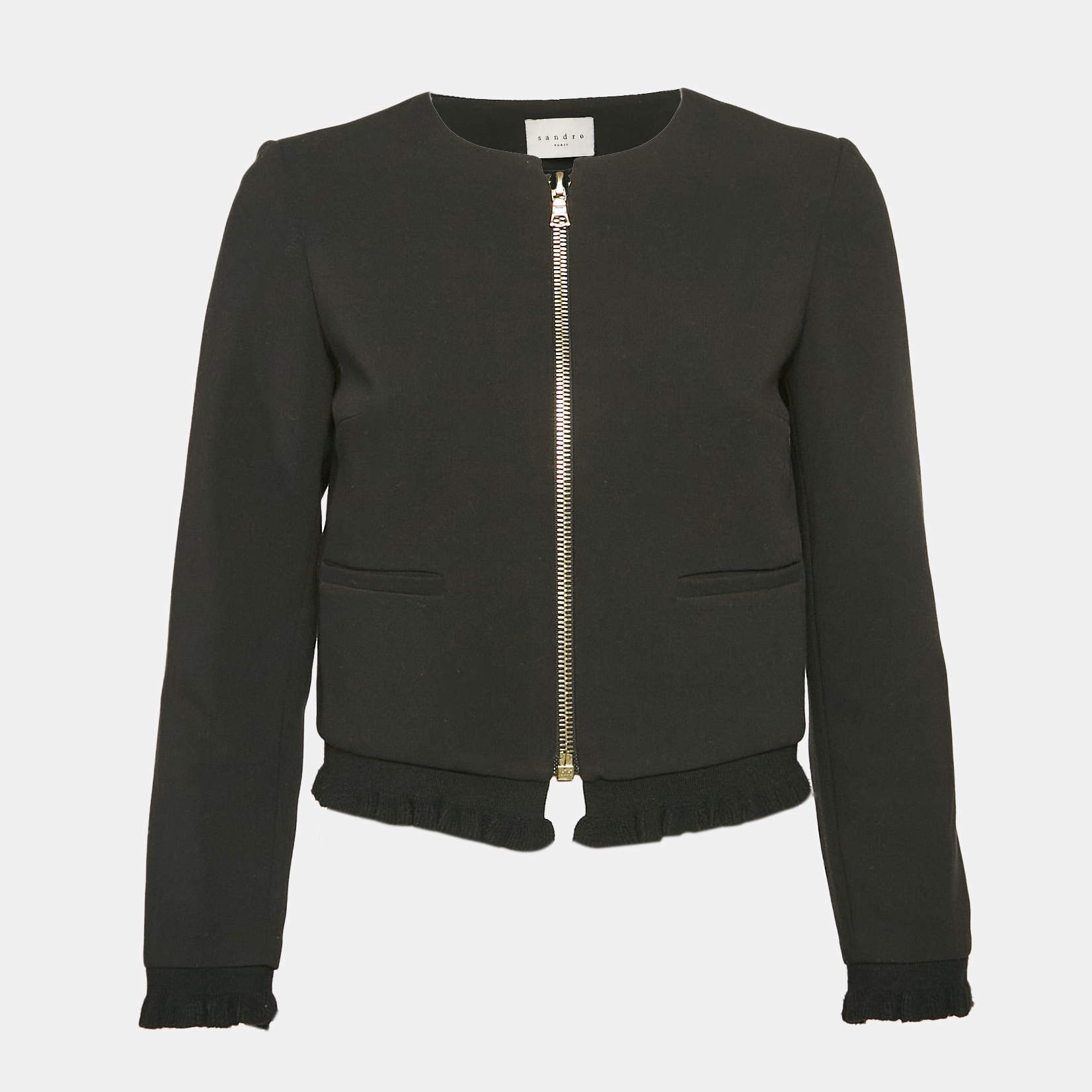 Sandro Black Crepe Ruffled Zip-Up Blazer S