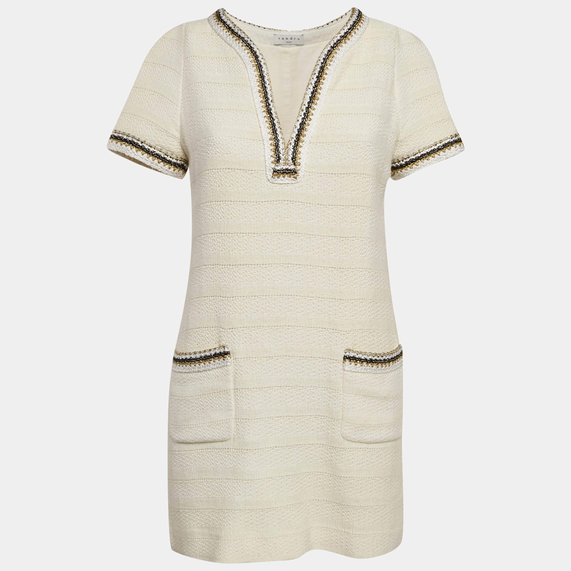 Pre Owned Sandro Off White Tweed Josepha Braided Mini Dress M