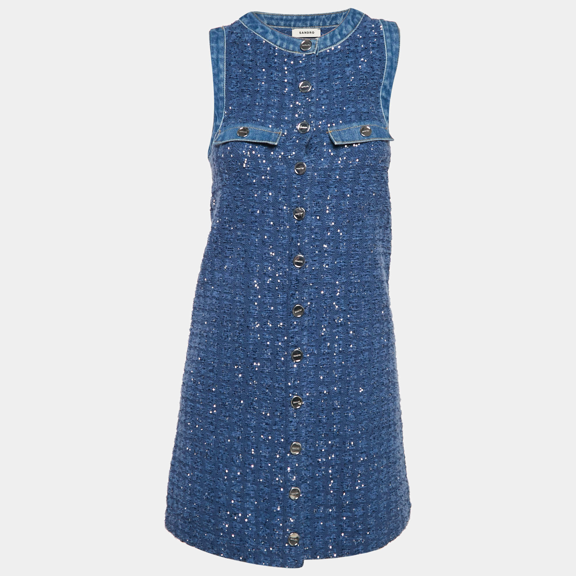 Sandro Blue Sequin Tweed Buttoned Trapeze Mini Dress XS