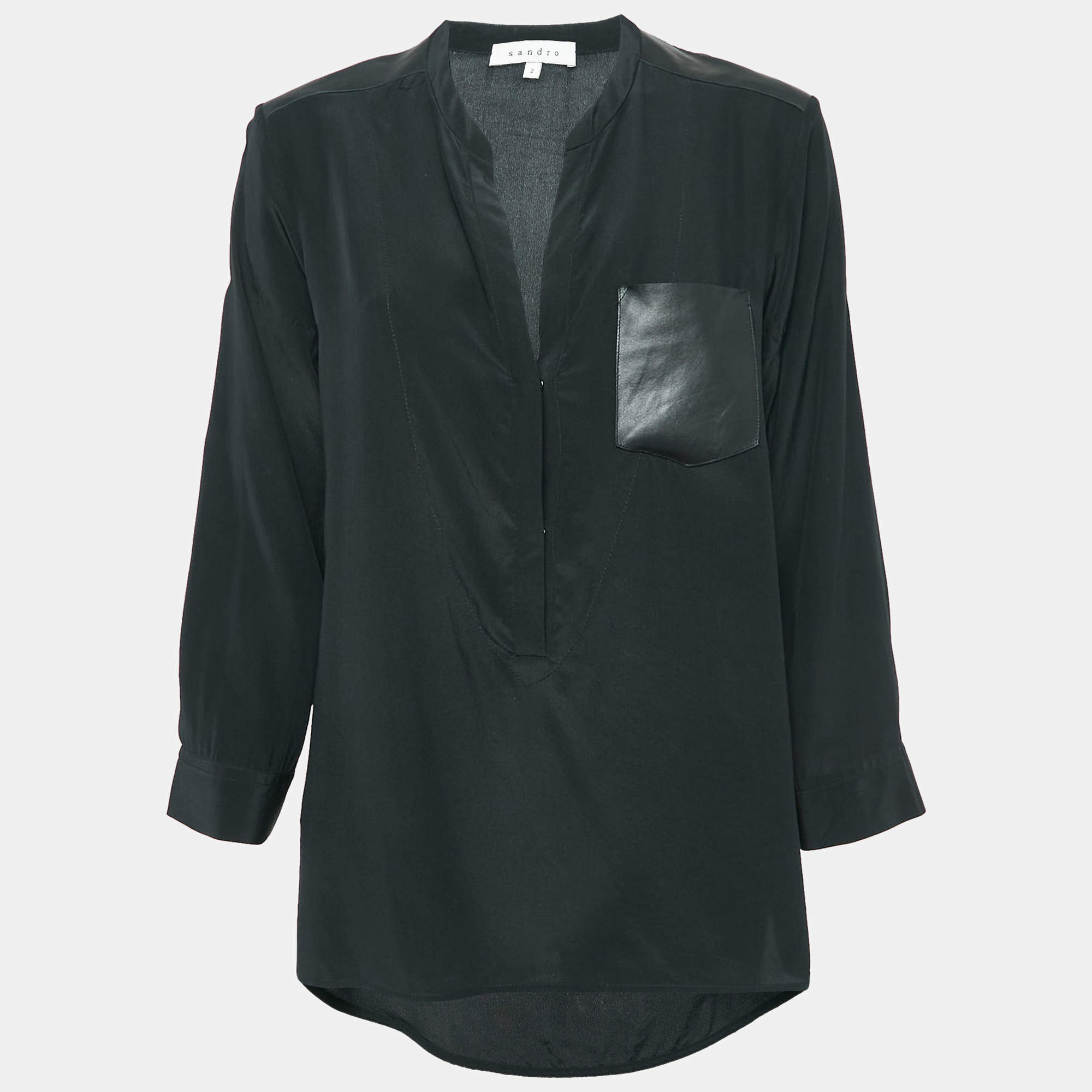 Pre Owned Sandro Black Silk Leather Trimmed Top M