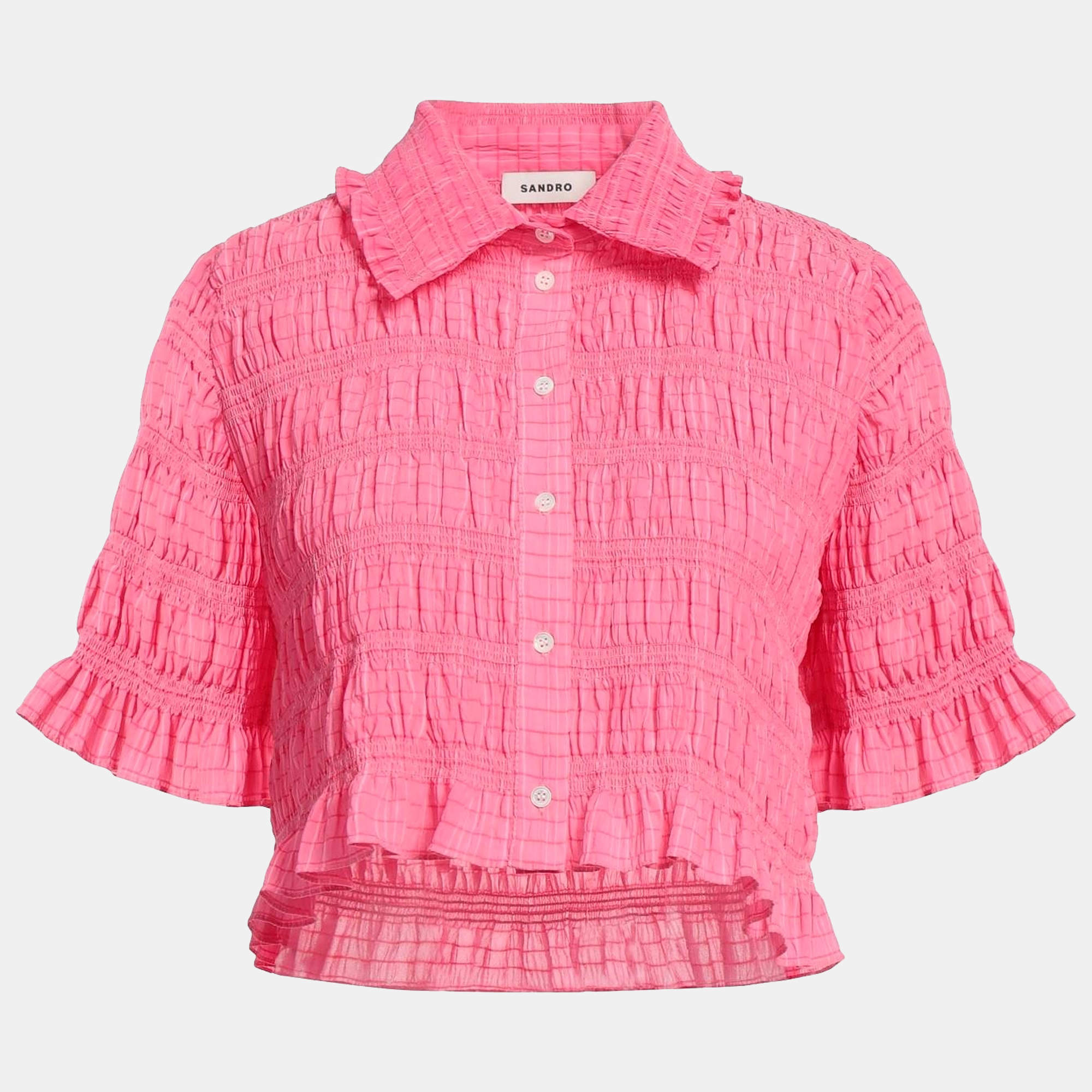 Sandro Pink Smocked Crepe Button Front Blouse S