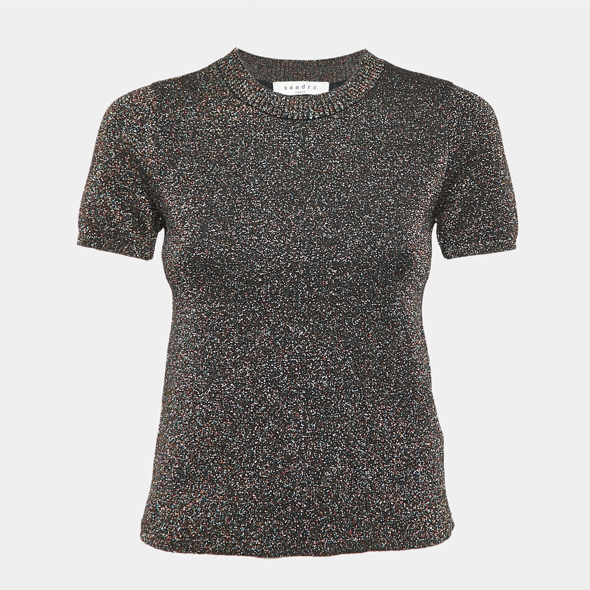 Pre Owned Sandro Metallic Lurex Knit Crew Neck Top M