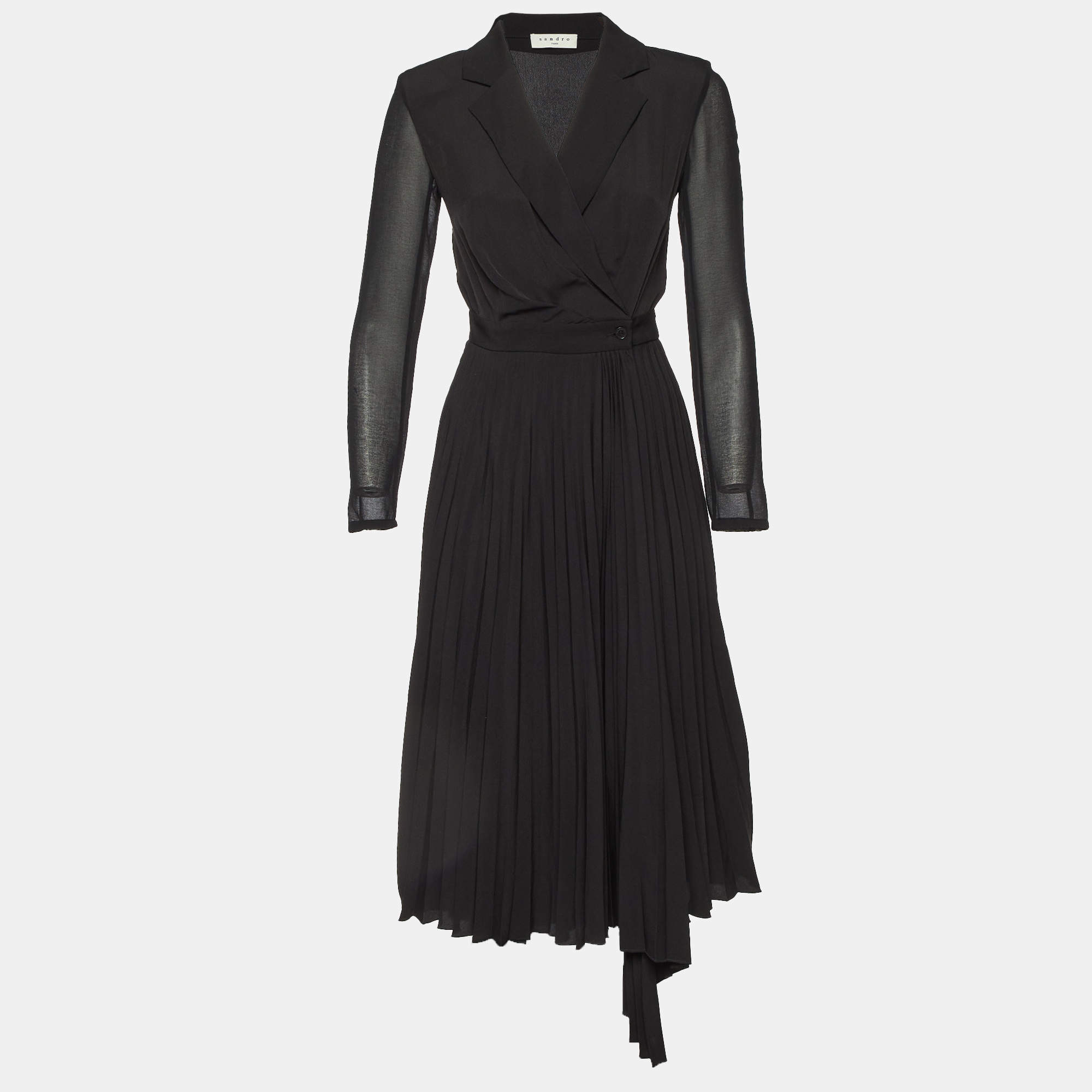 Pre Owned Sandro Black Crepe Pleated Midi Dress XS