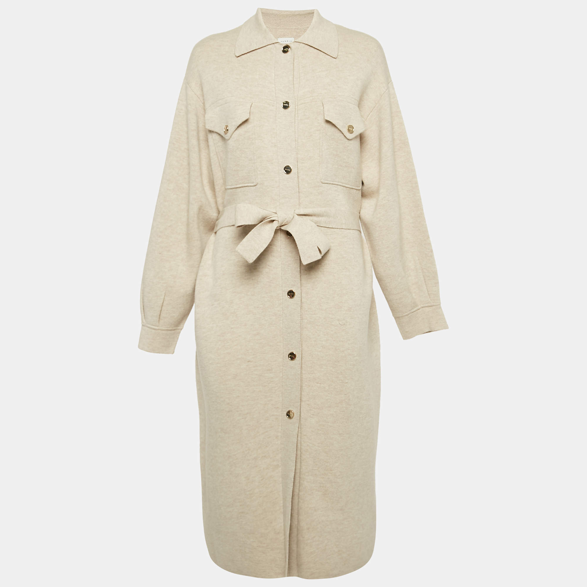 Pre Owned Sandro Beige Rib Knit Belted Long Cardigan M