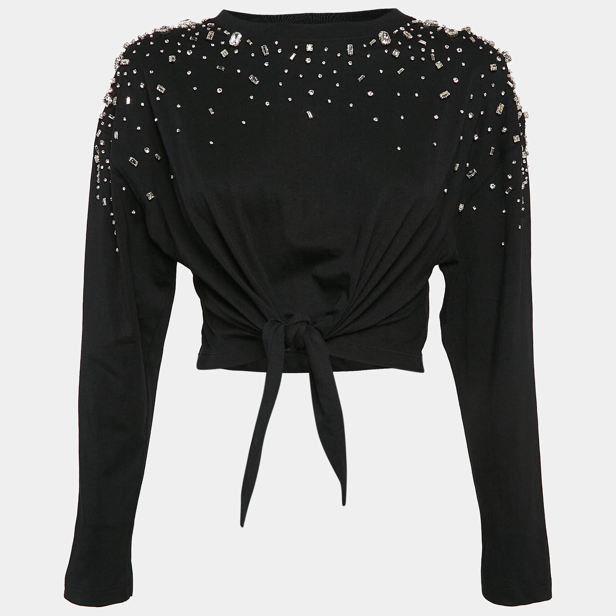 Pre Owned Sandro Black Rhinestone Jersey Tie-Front T-Shirt XS