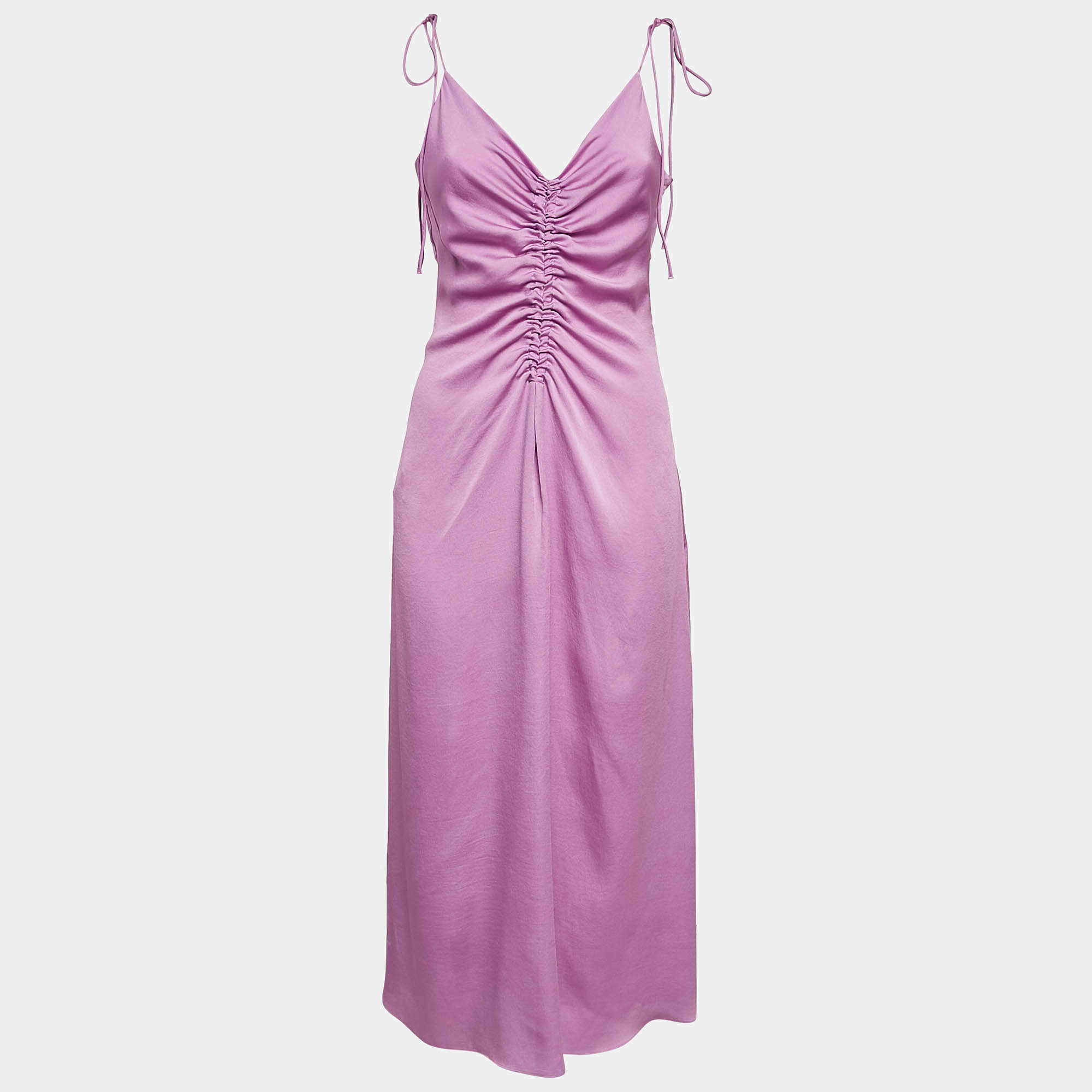 Pre Owned Sandro Lavender Crepe Ruche Detail Midi Slip Dress M