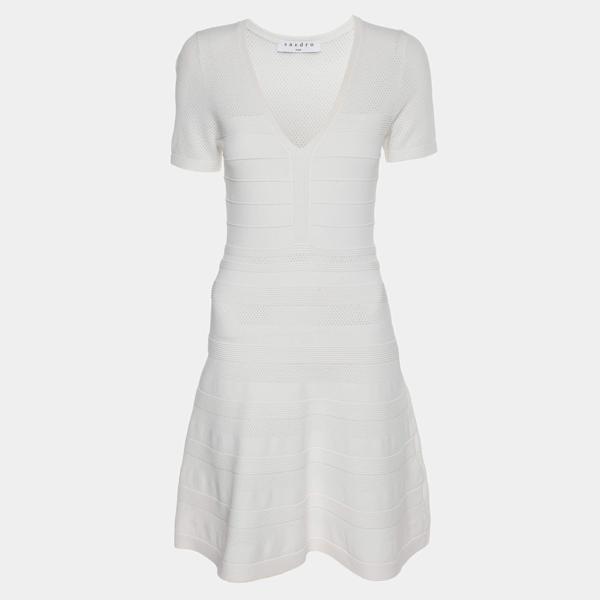 Sandro White Stretch Knit Fabric Mini Dress S