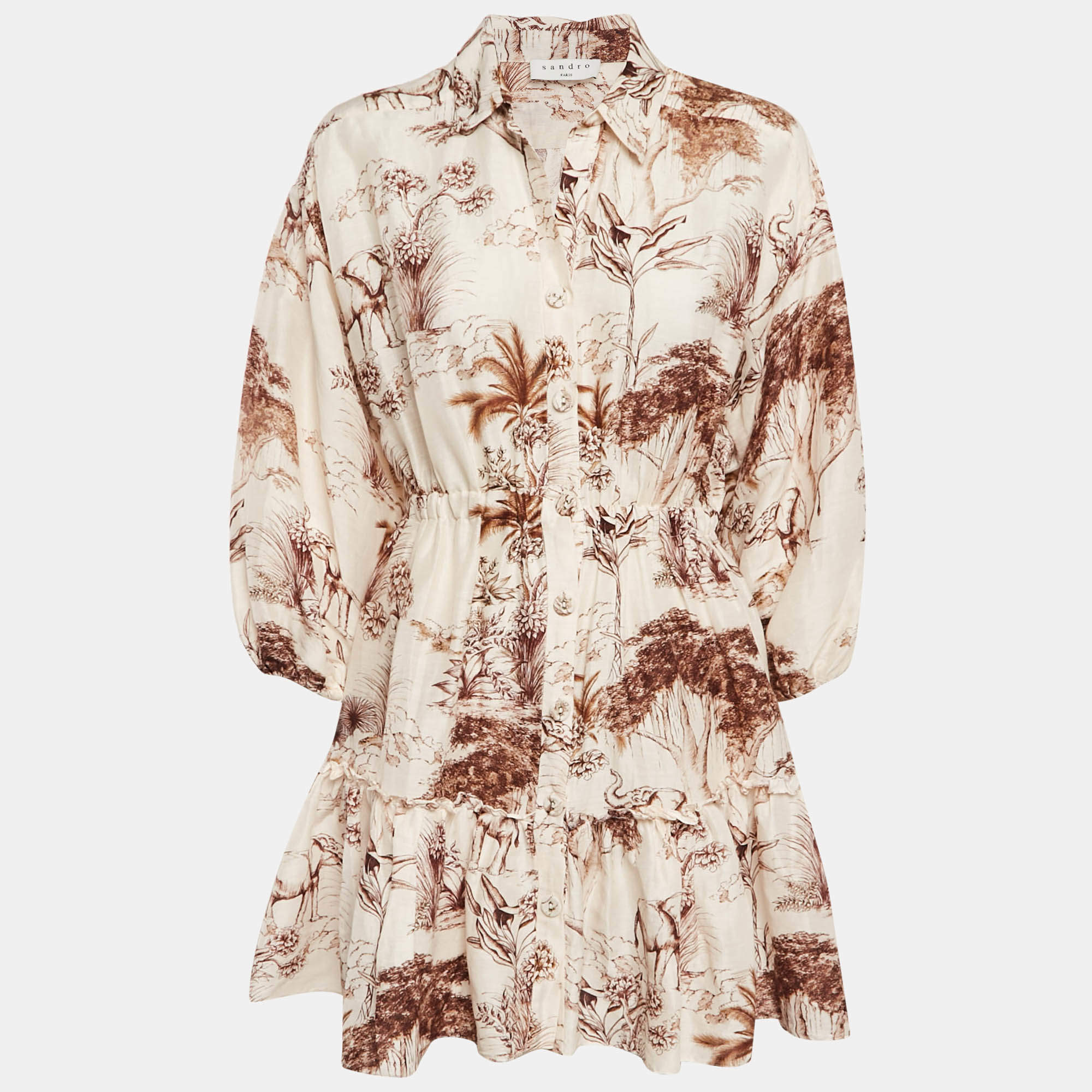 Sandro Brown Safari Style Print Button Front Mini Dress M