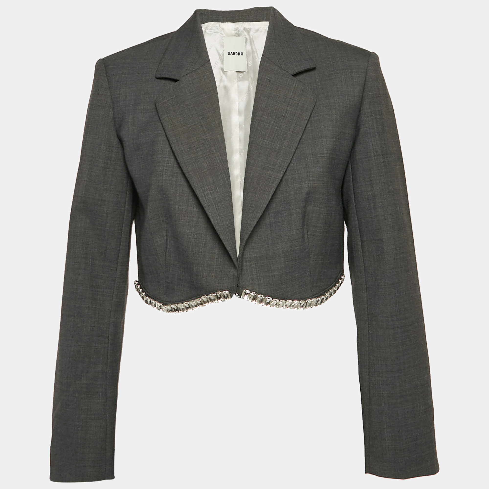 Sandro Grey Crystal Embellished Wool-Blend Crop Blazer S