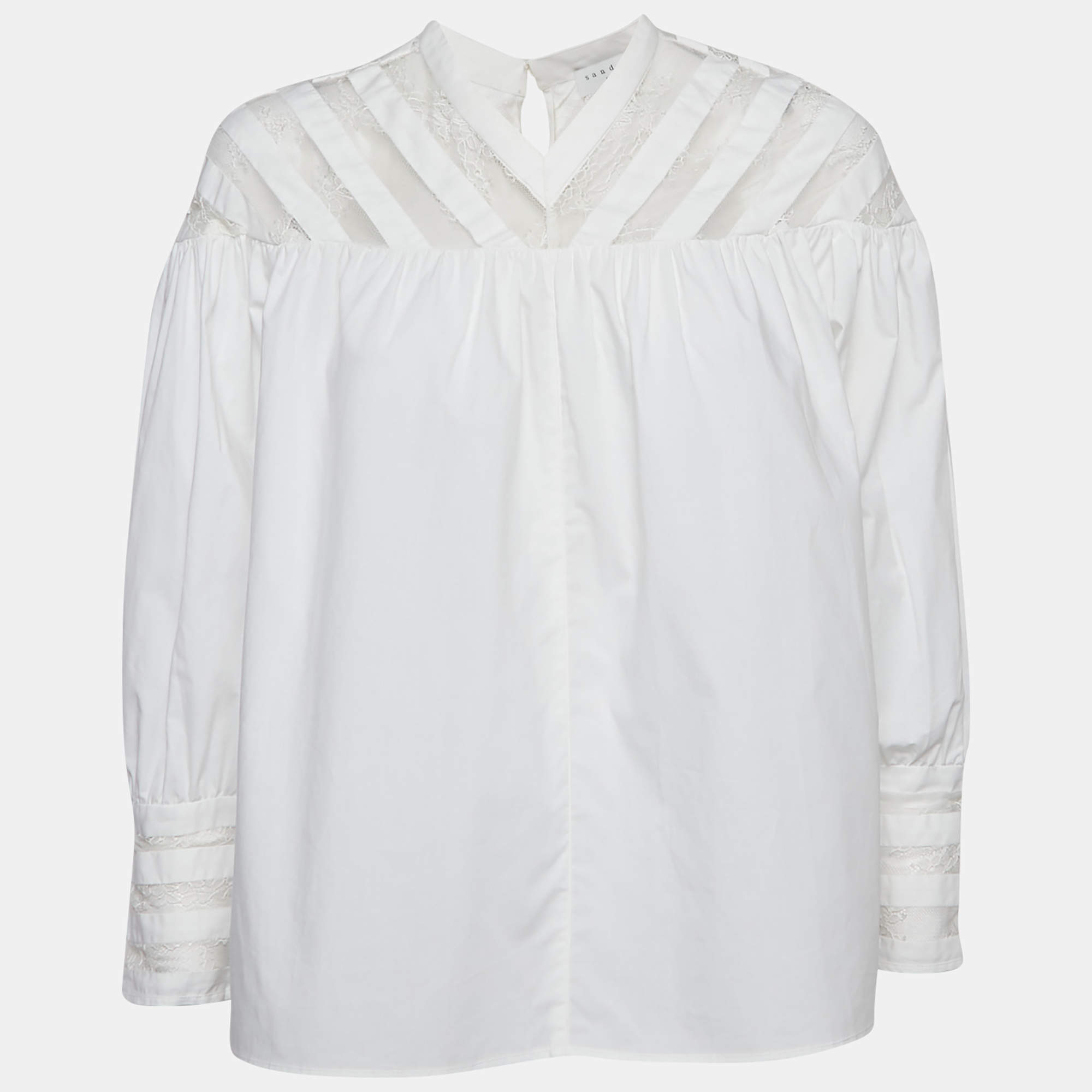 Sandro White Cotton Lace Trimmed A-Line Blouse L