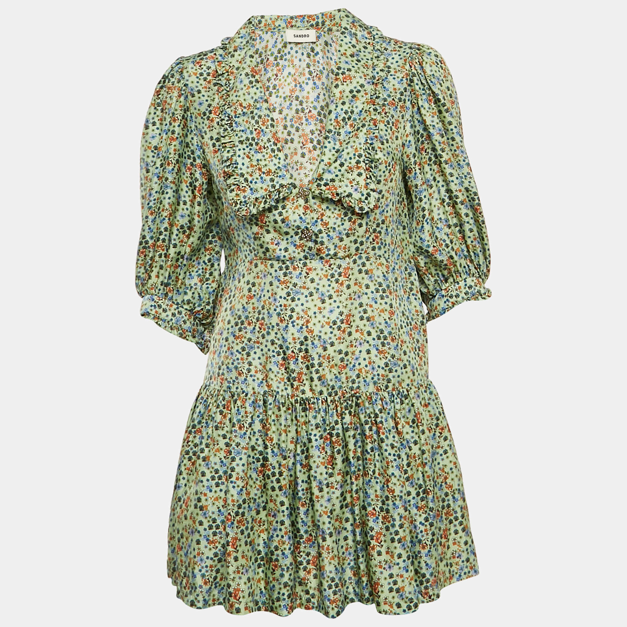 Pre Owned Sandro Green Flowering Print Silk Chelsea Collar Mini Dress S