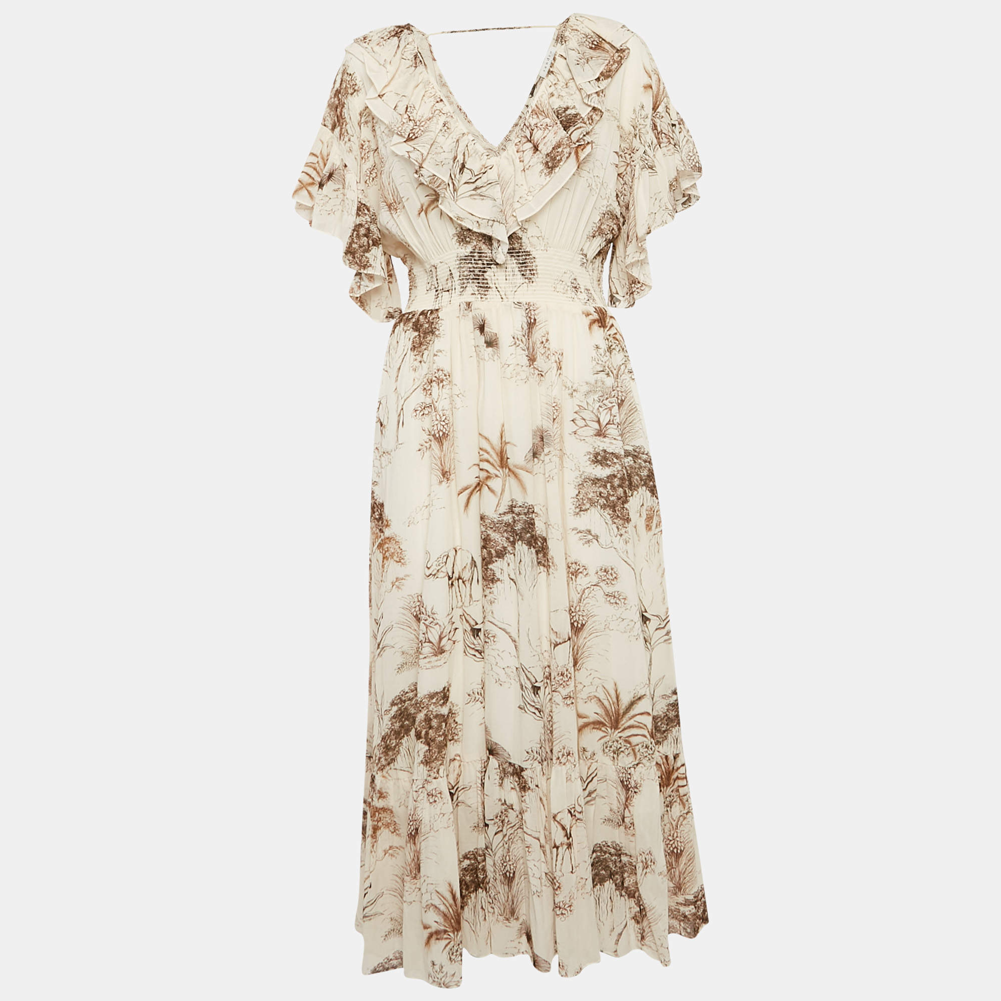 Pre Owned Sandro Beige Printed Crepe Marro Ruffled Midi Dress M