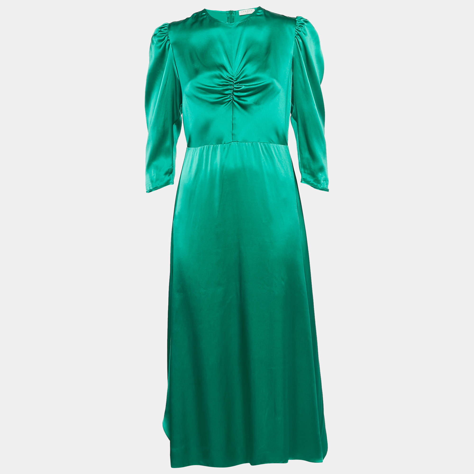 Sandro Green Satin Silk Ruche Detail Midi Dress L