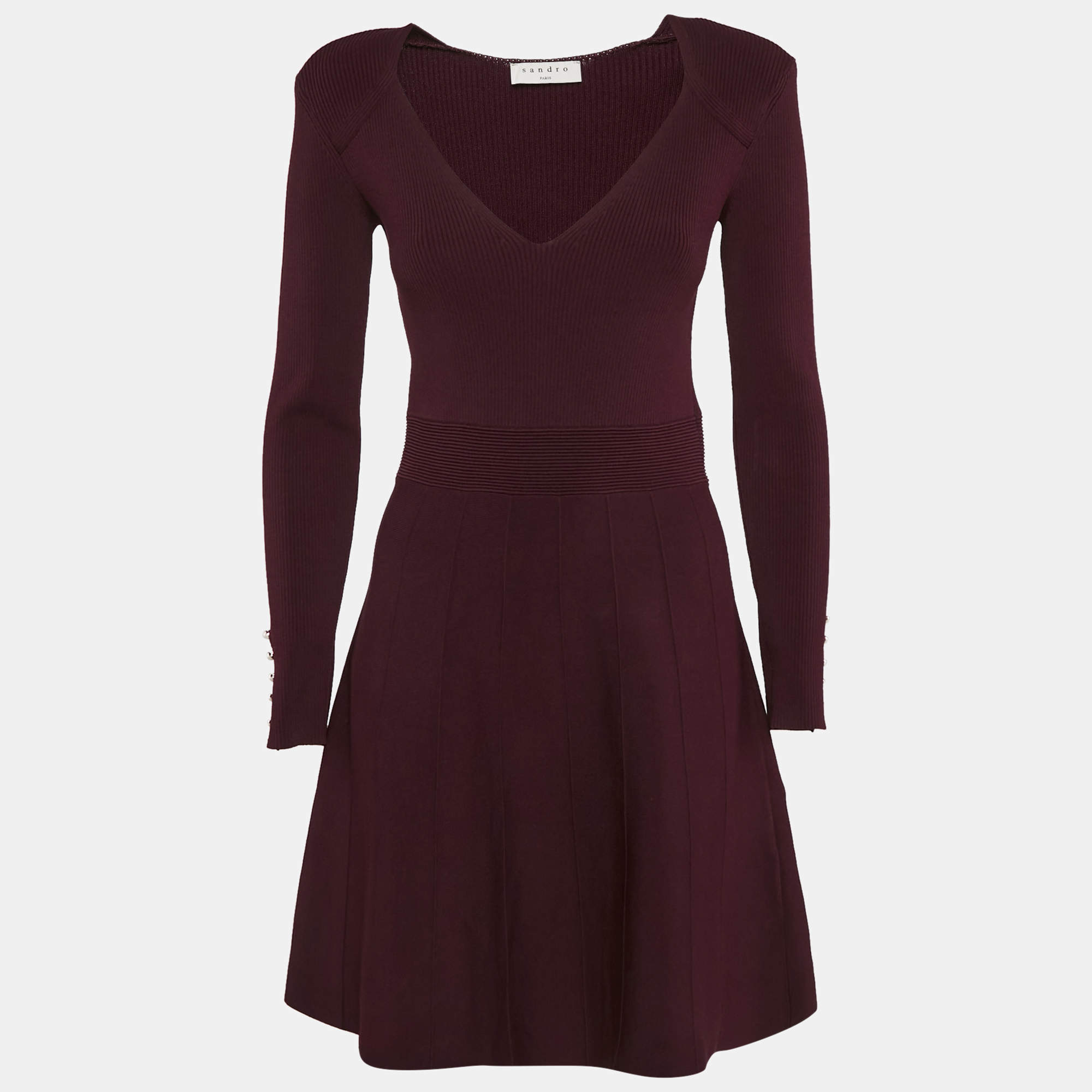 Sandro Burgundy Knit Otane Pearly Cuff Fit & Flare Dress M