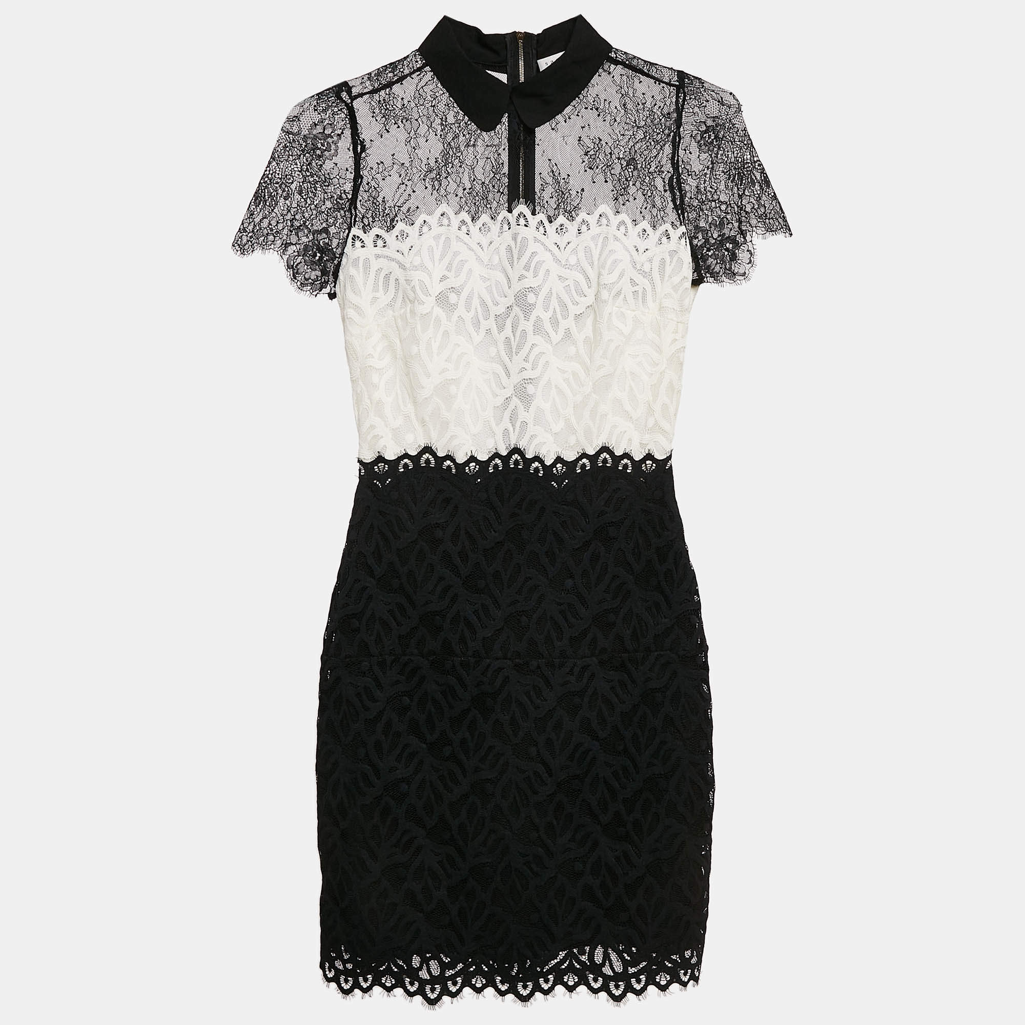 Pre Owned Sandro Black/White Lace Mini Dress S