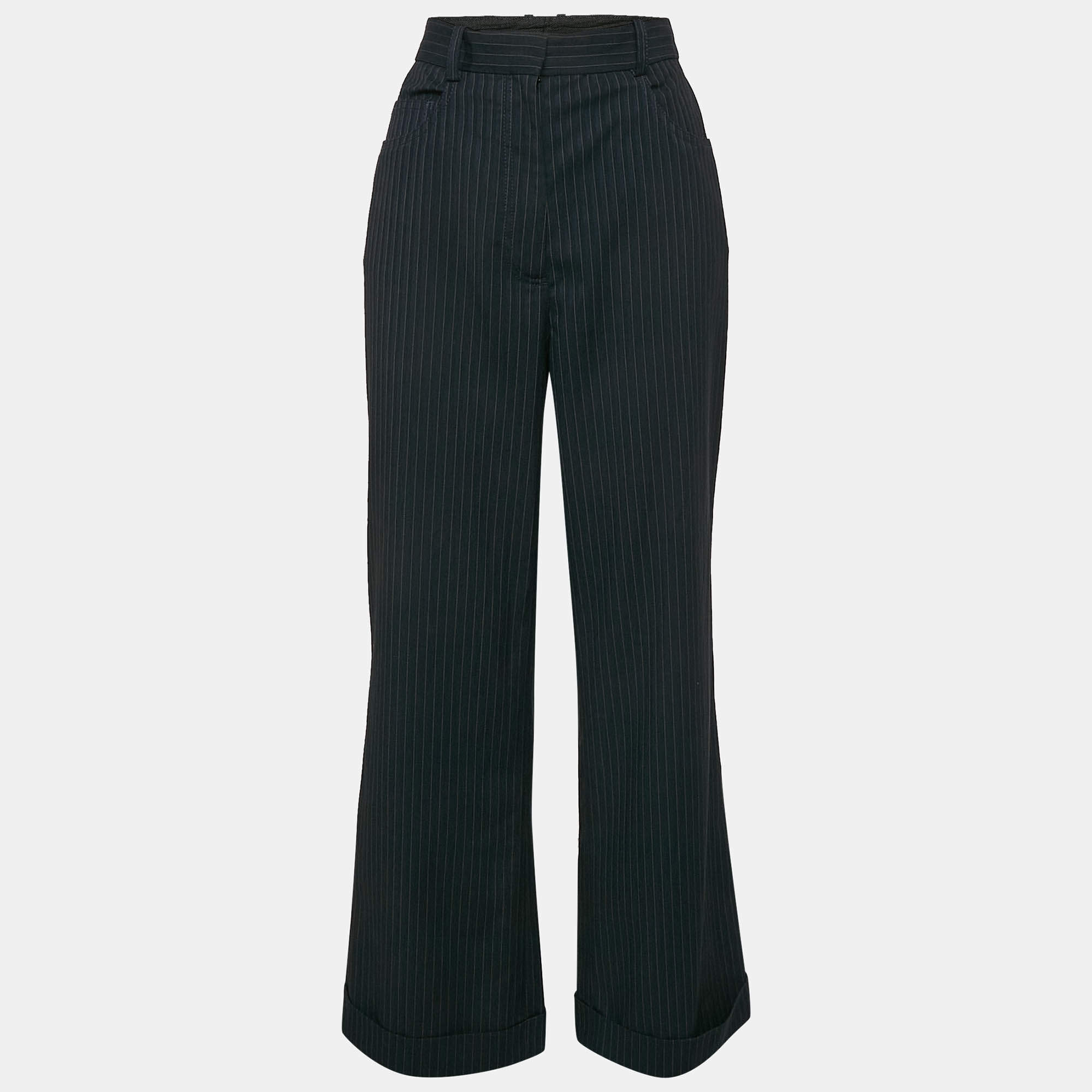 Sandro Navy Blue Pinstripe Herringbone Trousers L