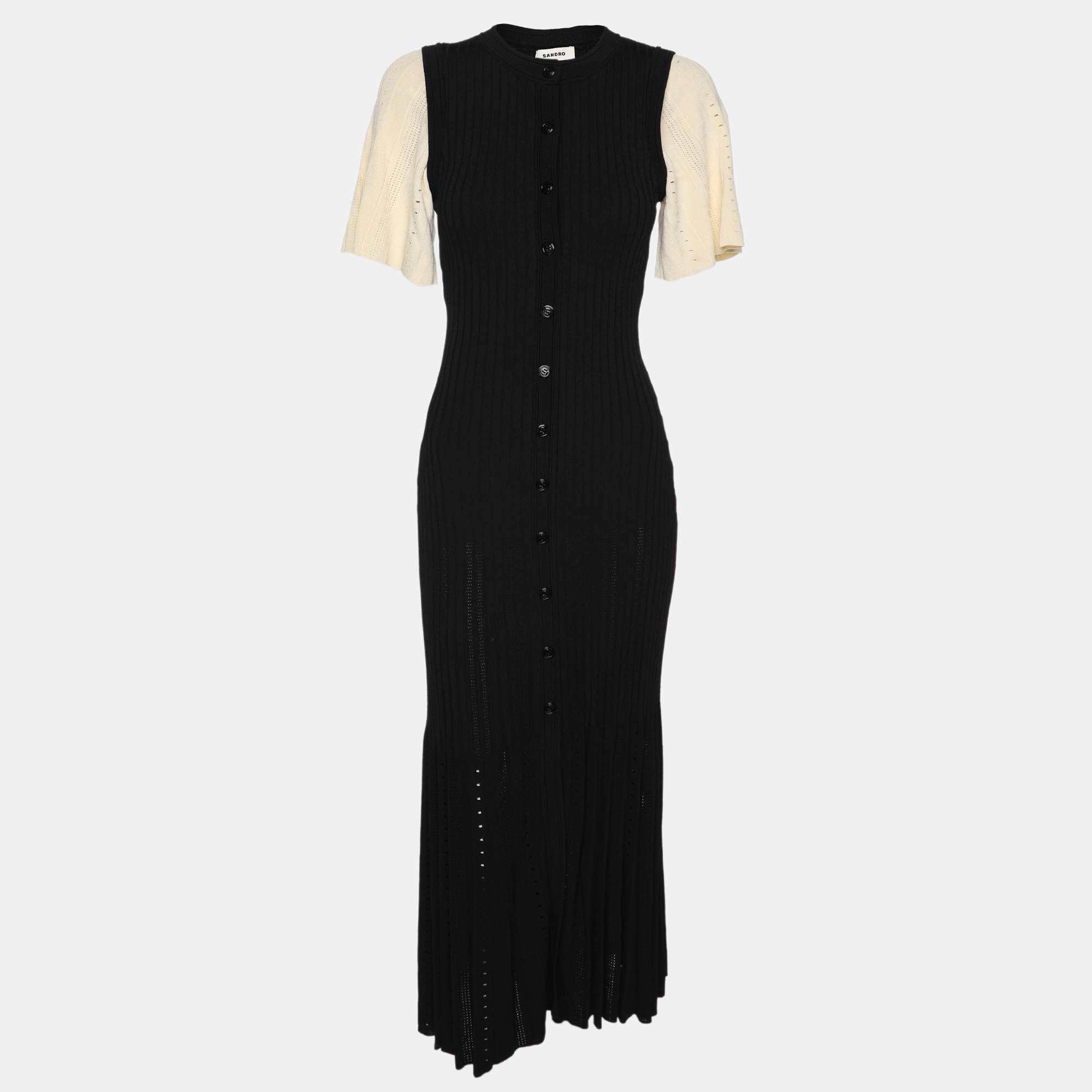 Pre Owned Sandro Black/Cream Stretch Knit Long Dress S