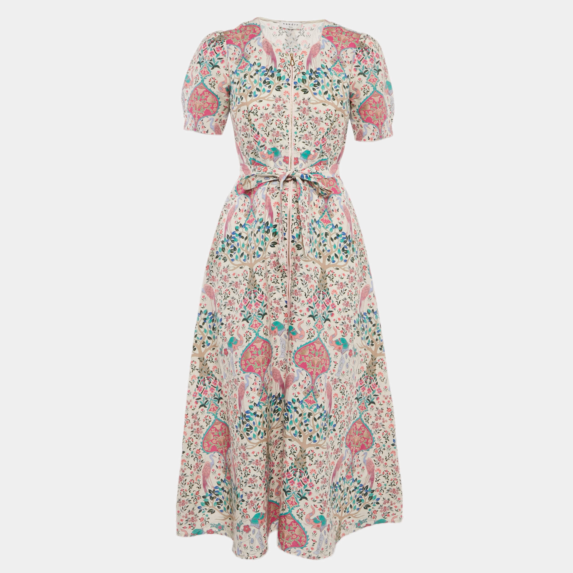 Sandro White/Pink Irya Floral Print Linen Blend Midi Dress XS