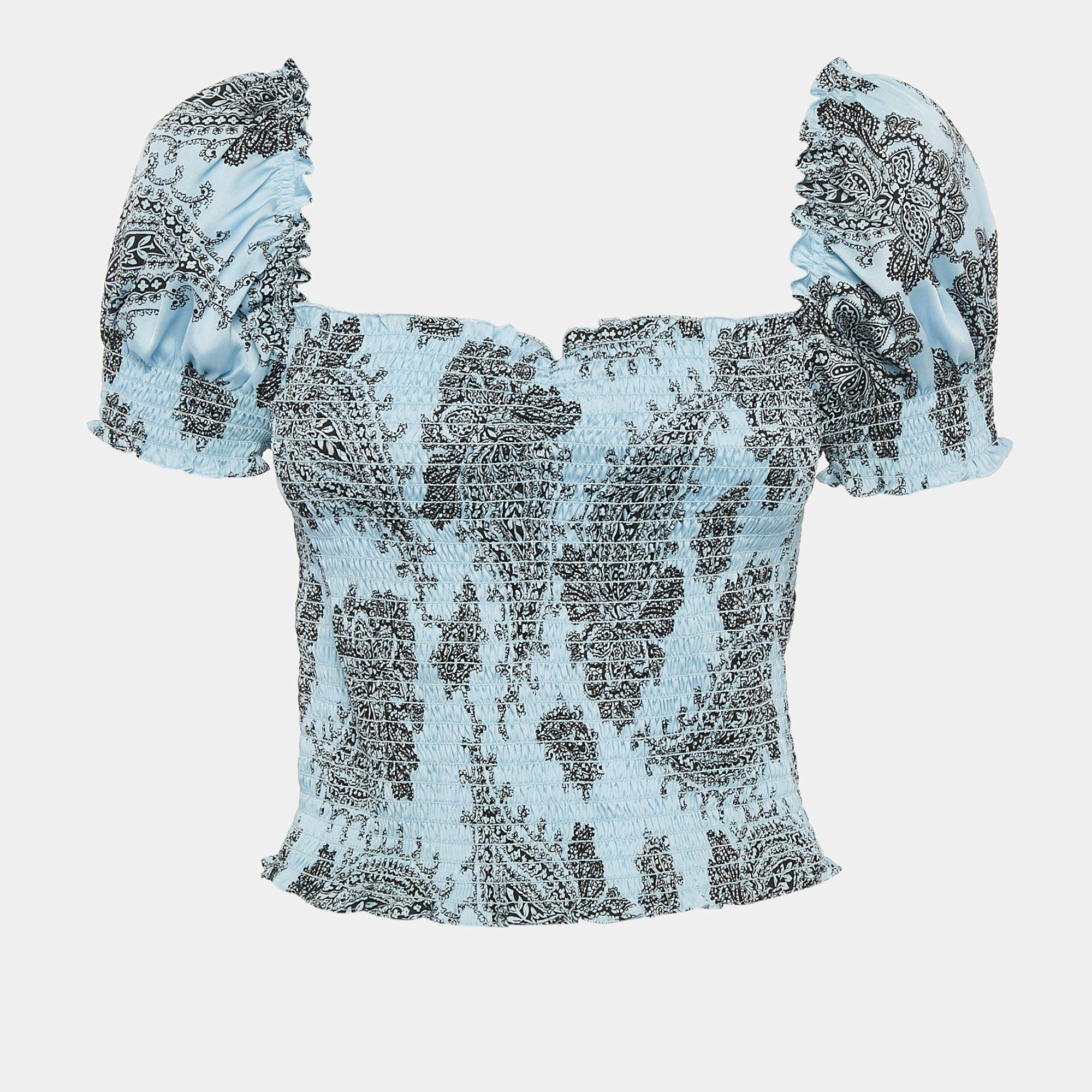 Pre Owned Sandro Light Blue Paisley Print Smocked Top S